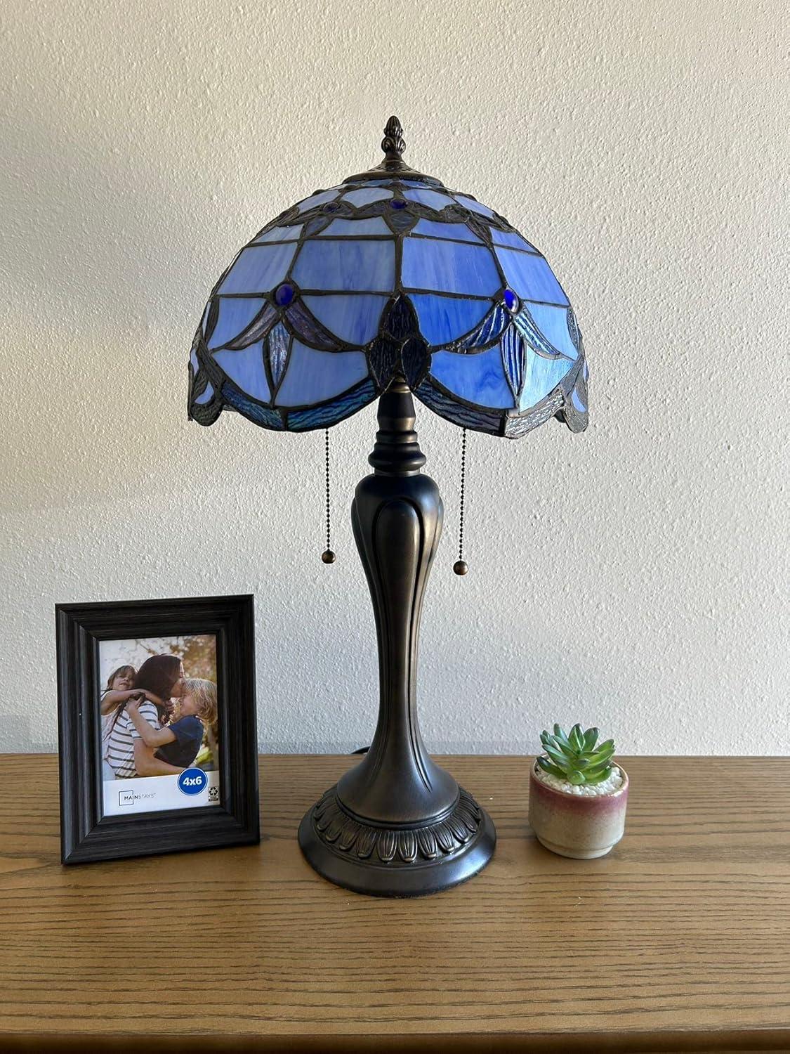 Tiffany Table Lamp Blue Stained Glass Baroque Style Lavender LED Bulbs Included for Living Room Dining Room Bedroom 12"W*12"D*22"H