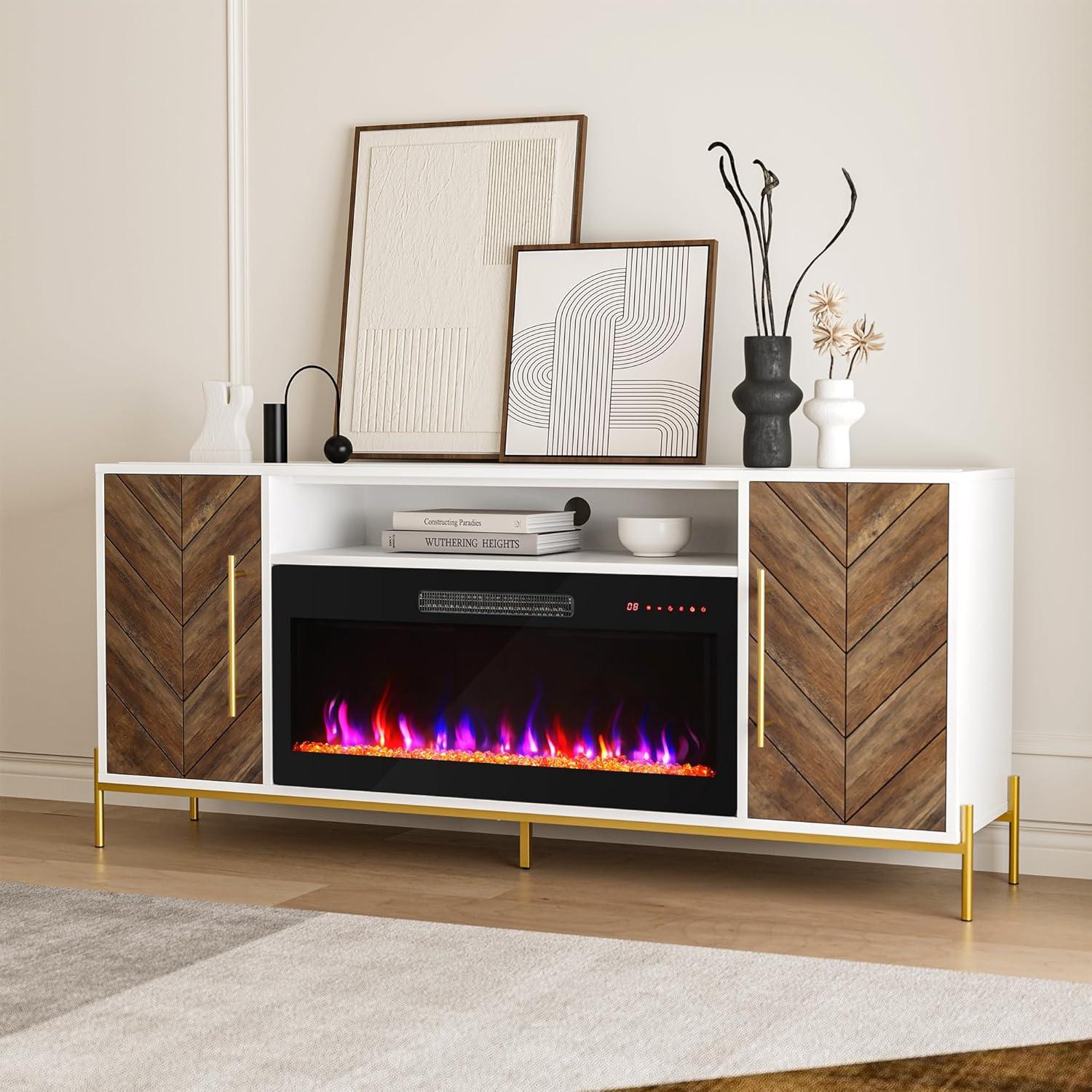 BELLEZE 68" Wood TV Stand with 36" Electric Fireplace, Entertainment Center with Storage Cabinet, Console Table for TVs up to 75 Inches, for Living Room, Bedroom - Harper (White Ebony)