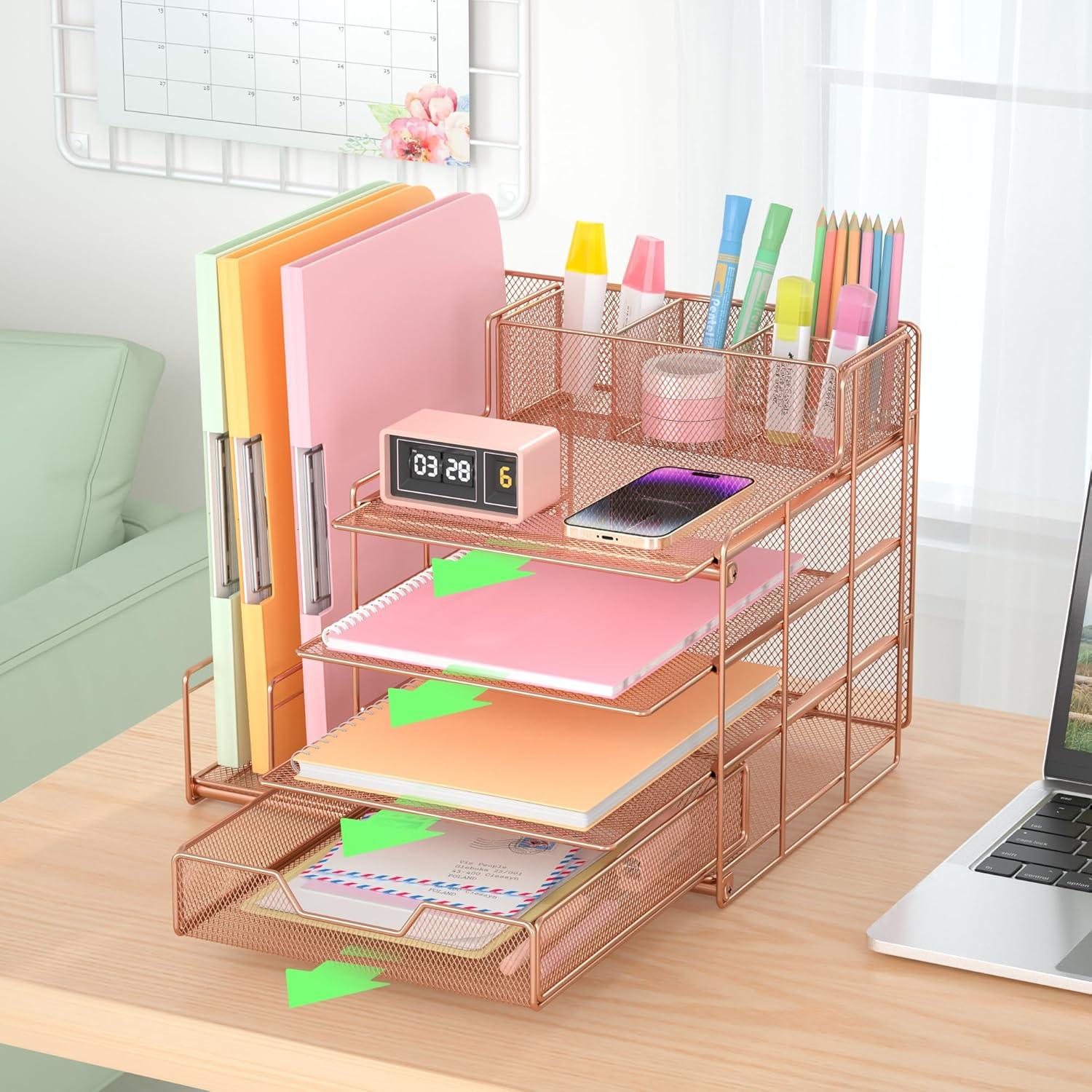 Desk Organizers and Desk Accessories - Rose Gold Desk Organizer with File Sorters, File Organizer with Drawer, Desk Accessories & Workspace Organizers for School Office Supplies