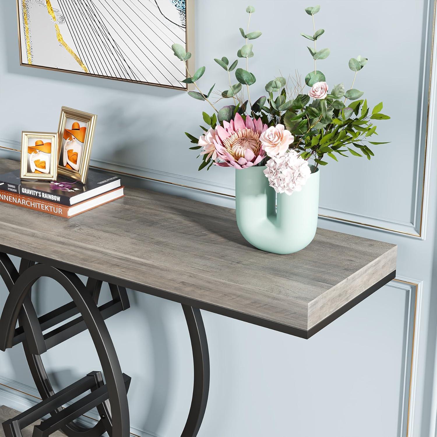 Gray Faux Marble and Black Metal Console Table with Geometric Base