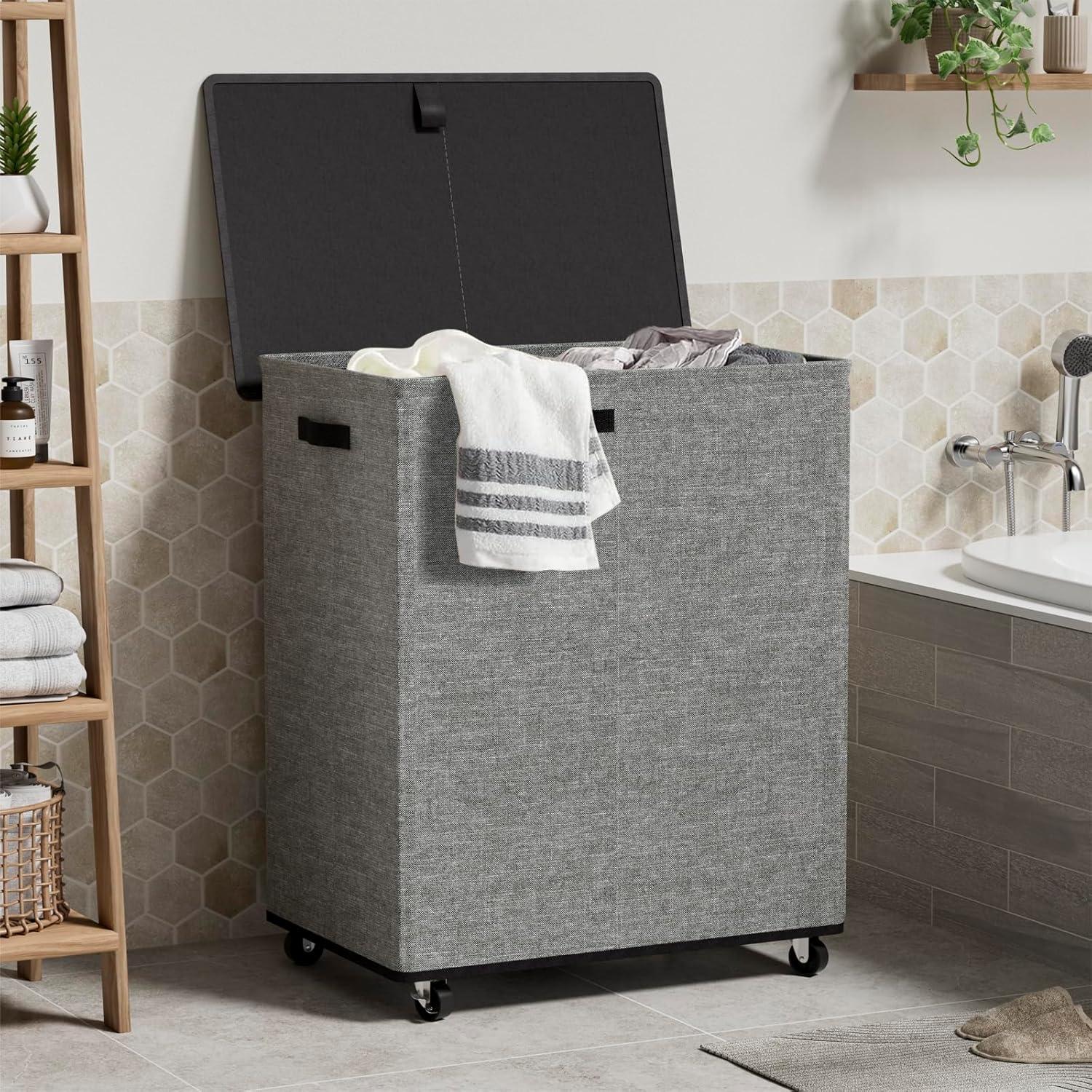 Gray Double Compartment Upright Hamper with Wheels and Lid