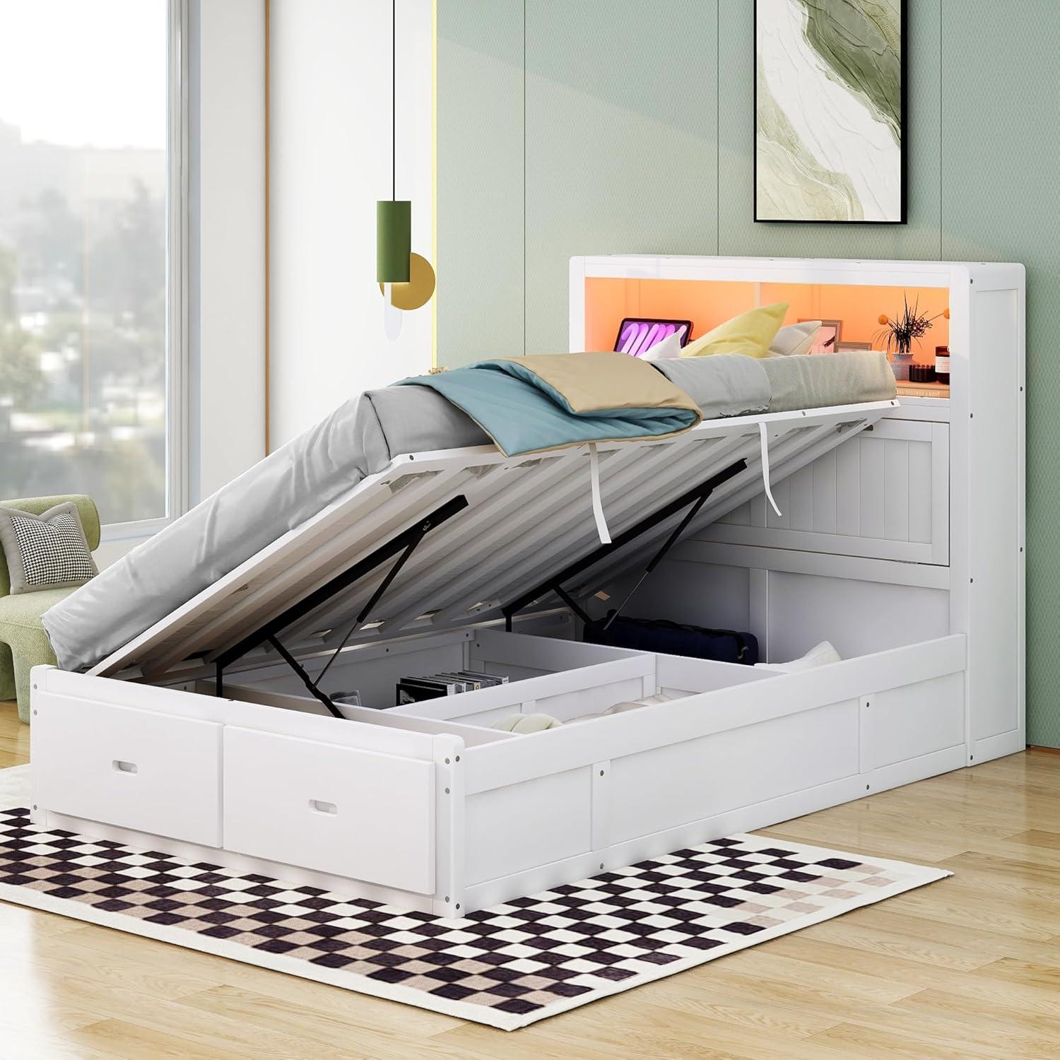 Linique Hydraulic Platform Bed, Wood Full Size Bed Frame with Storage LED Headboard, Built-in Charging Station and 2 Drawers (White)