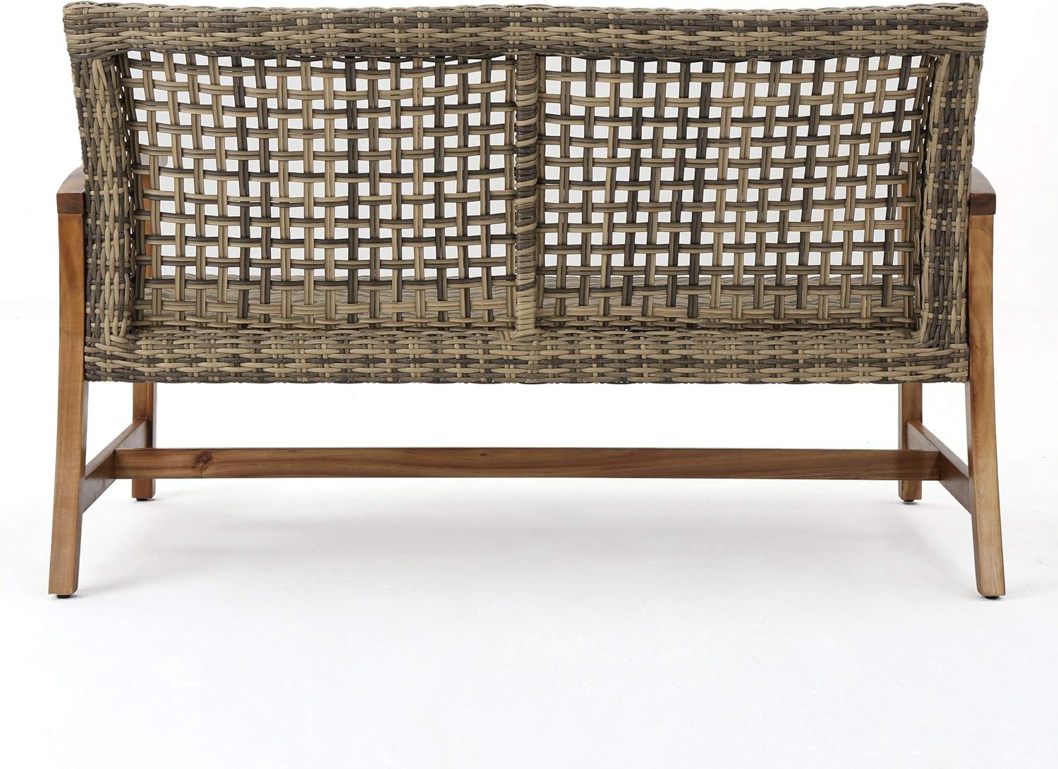 Hampton Wicker Loveseat: Natural/Gray, Acacia Frame, Handwoven, Weather-Resistant - Christopher Knight Home