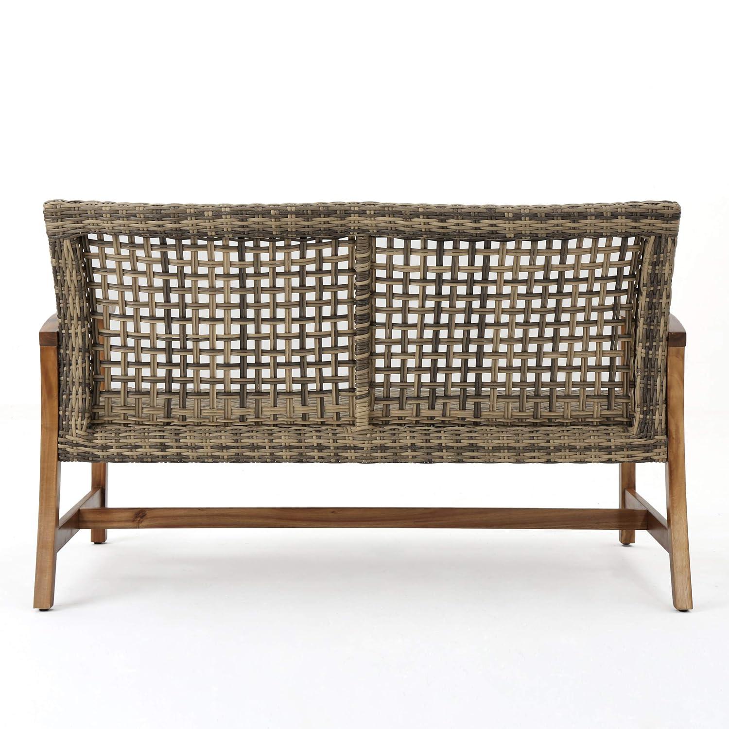 GDFStudio Jean Outdoor Acacia Wood and Wicker Loveseat, Brown