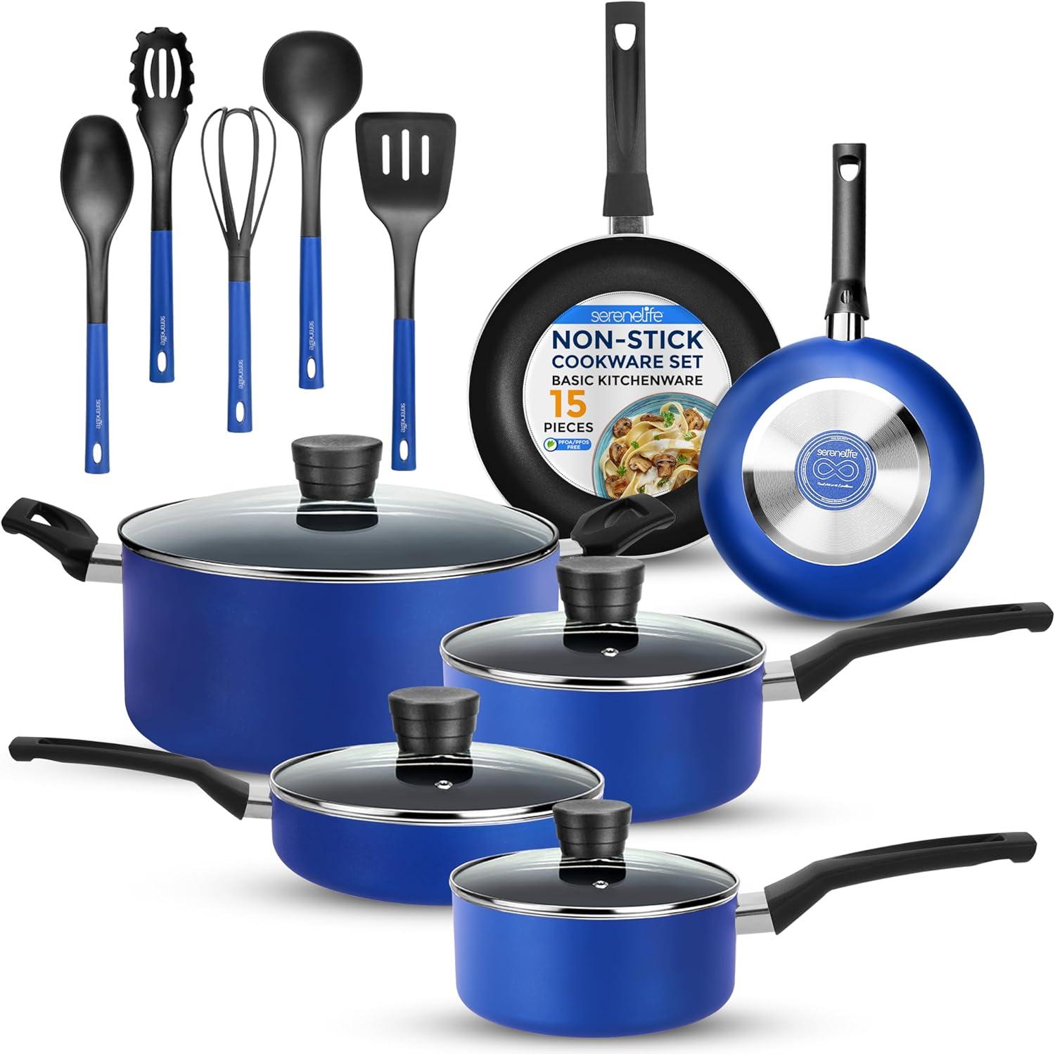 SereneLife 15-Piece Blue Aluminum Non-Stick Cookware Set