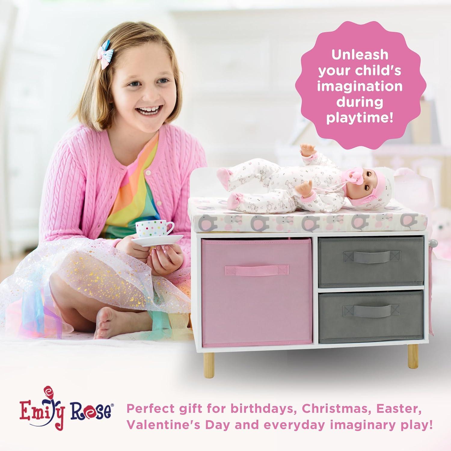 Emily Rose - Toy Baby Doll Crib Set for Little Girls, Changing Table Furniture with Clothes and Accessories Storage and Pockets, for 3+ Year Old Girls, Baby Doll Set and Accessories - White/Pink/Gray