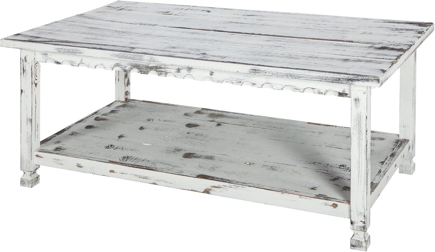 Country Cottage Antique White Wood Coffee Table with Shelf