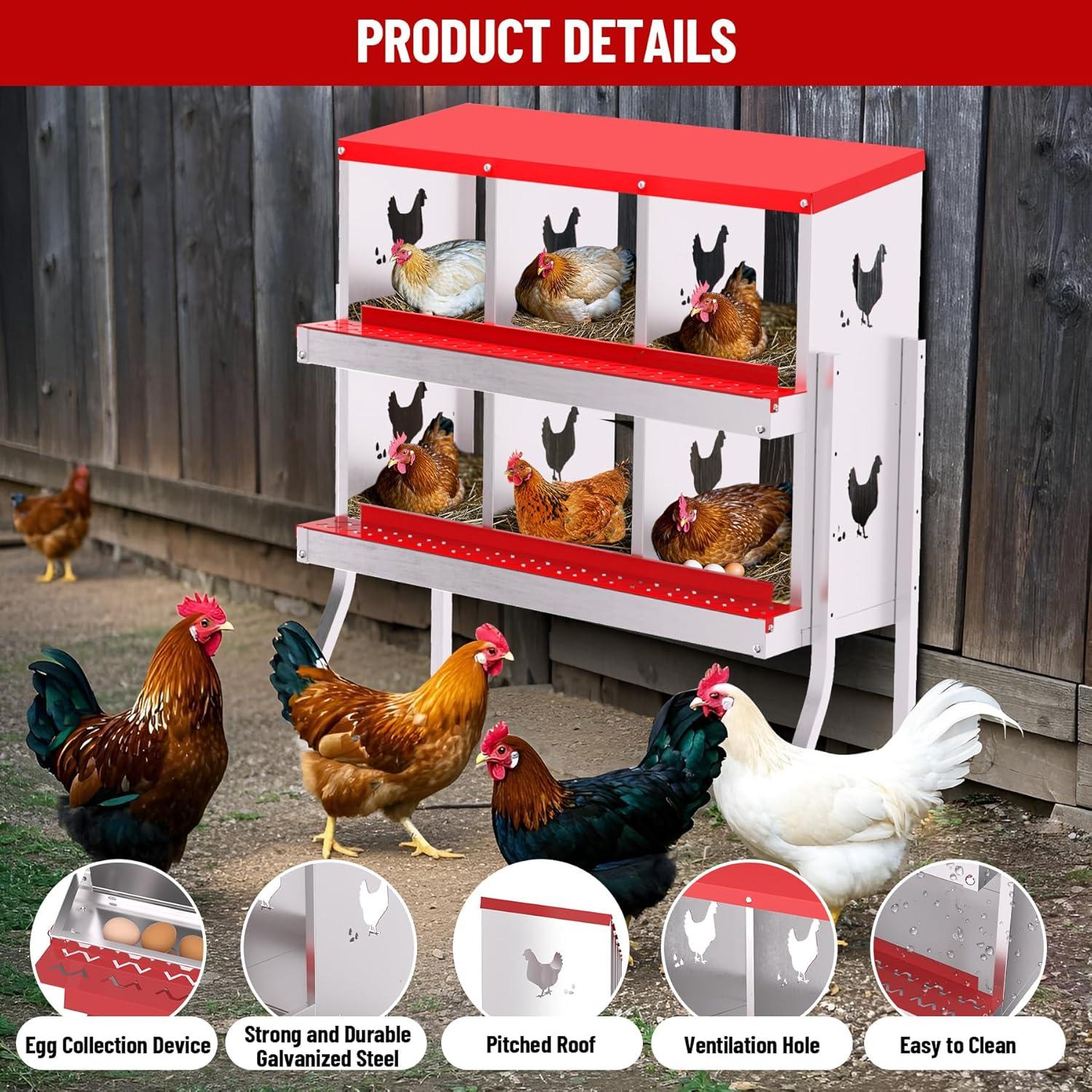 Nesting Boxes for Chickens, 6 Compartment Chicken Nesting Box with Metal Legs, Metal Chicken Laying Boxes with Perch, Secure Lid, Versatile Wall Mount or Free Standing for Hens, Red