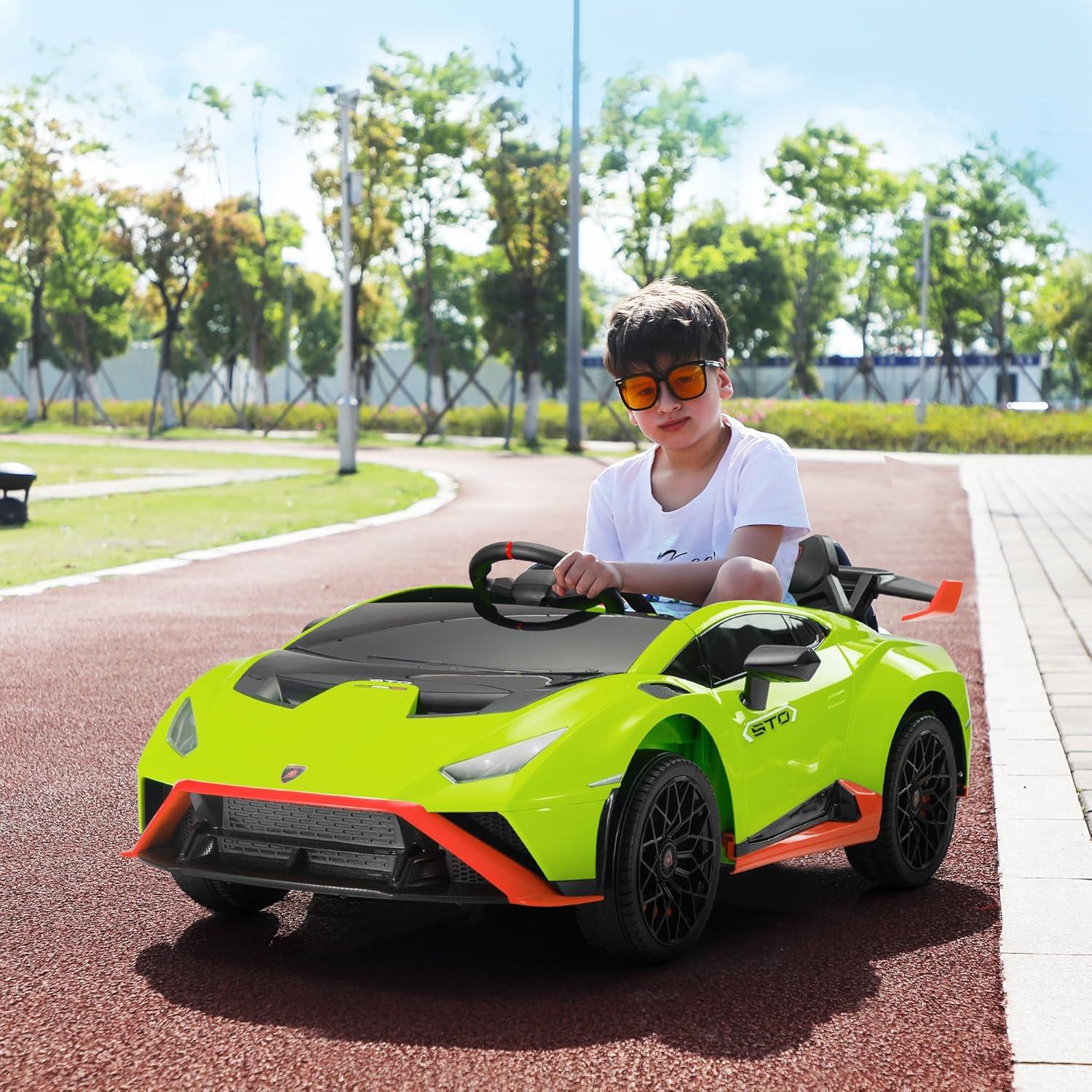 Track 7 12V Kids Ride on Car, Licensed Lamborghini STO Electric Car for Kids Age 3+, Remote Control, Music, Motorized Drift Electric Vehicle, Max Speed 5mph, Green