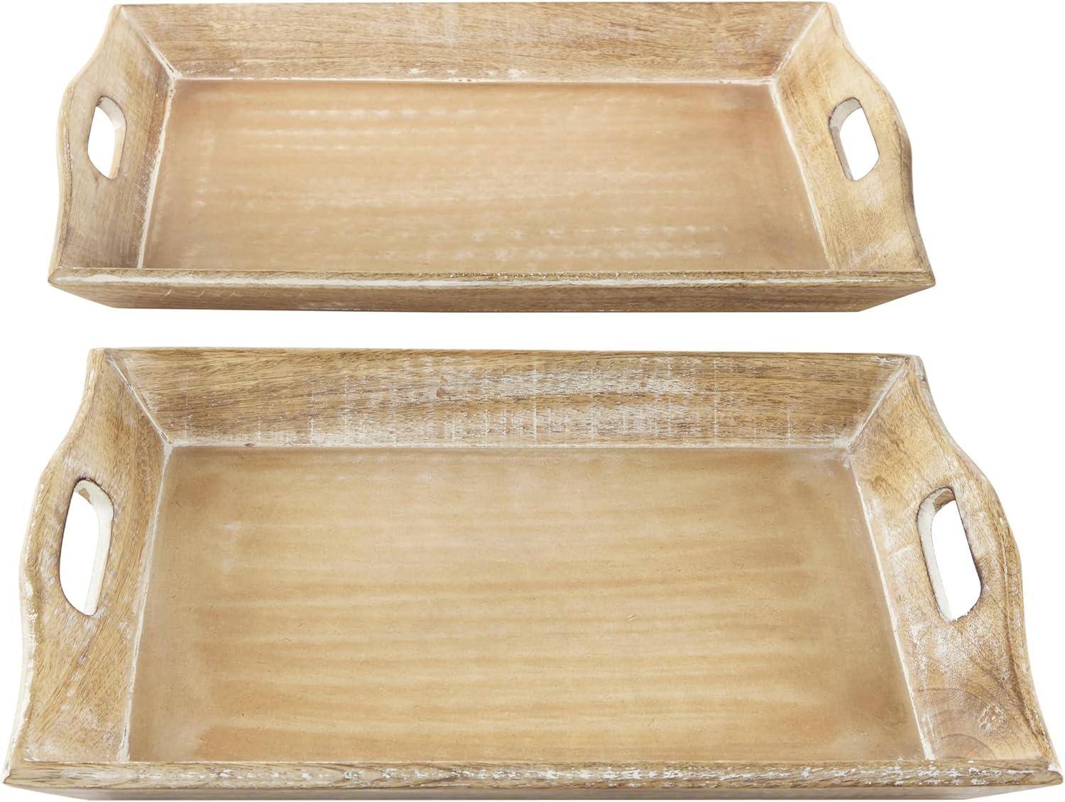 Set of 2 Brown Whitewashed Mango Wood Serving Trays