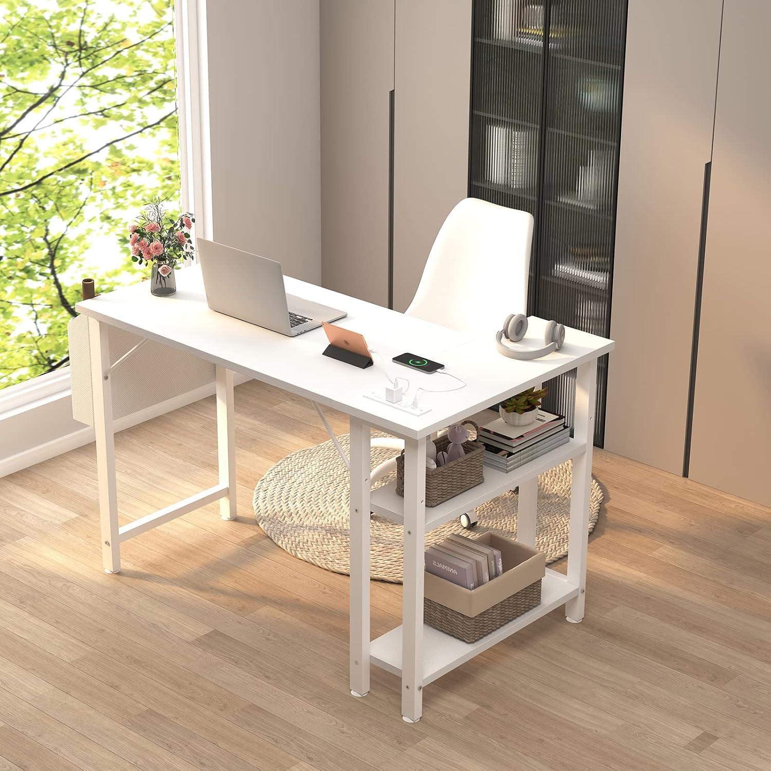 White L-Shaped Computer Desk with Power Outlet and USB Ports