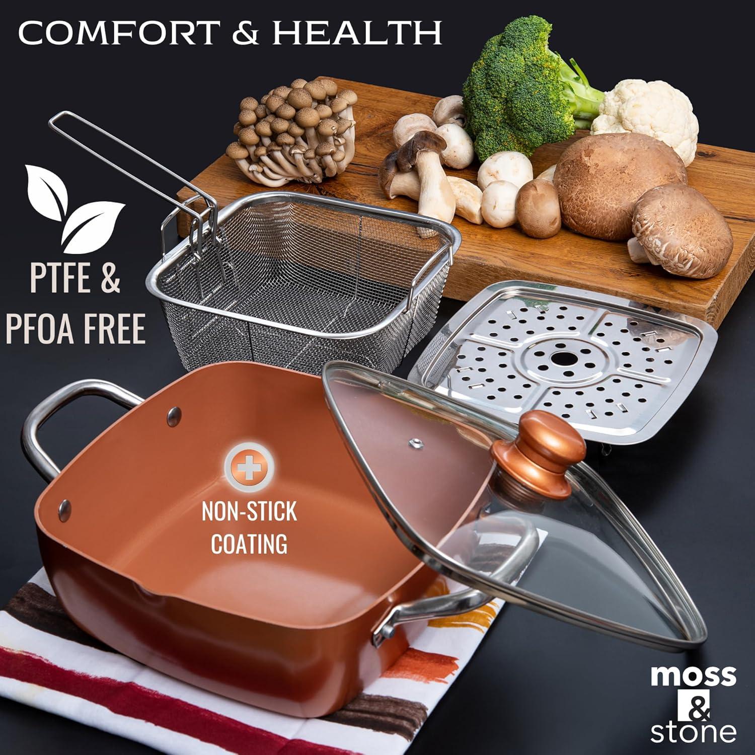 Moss & Stone Copper 6 Piece Set Chef Cookware, Non Stick Pan, Deep Square Pan, Fry Basket, Steamer Tray, Dishwasher & Oven Safe, 5 Quart Copper Pot Set, 9.5" Copper Induction Cookware Set