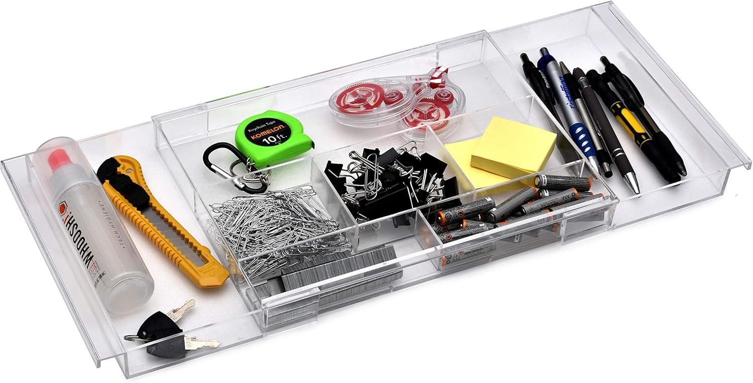 Masirs Expandable Drawer Organizer - Customizable Makeup Vanity Organizing Storage Tray for Bathroom, Bedroom & Desk Drawers - Clear Plastic Cosmetics Organizers with Expanding Compartment (Set of 2)