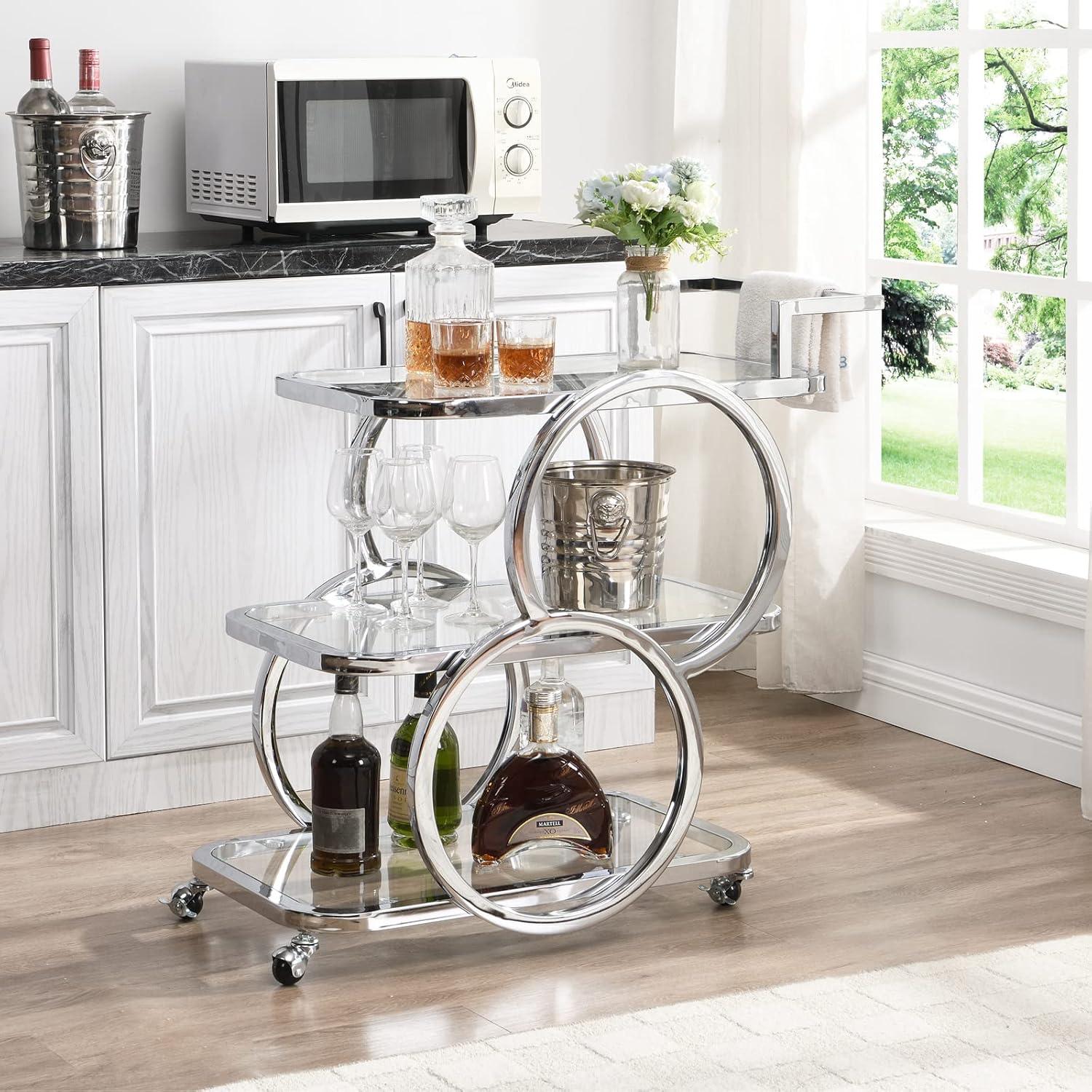 Silver Chrome 3-Tier Glass Bar Cart with Storage