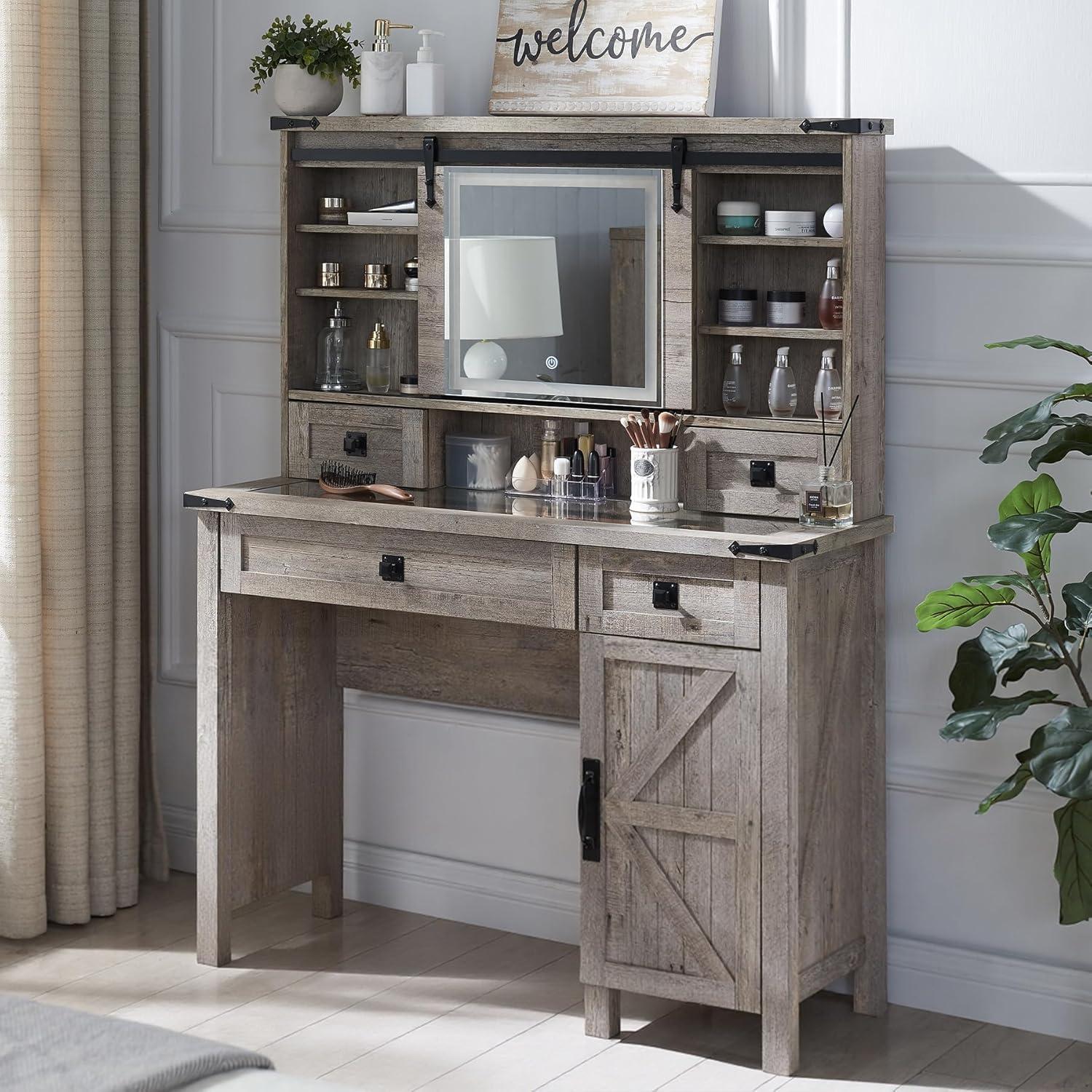 OKD Farmhouse Rustic Makeup Vanity Desk with Sliding Mirror and Lights, Glass Top Vanity Set with Charging Station, 4 Drawers & 1 Cabinet, Includes Stool - Big Vanity for Bedroom, Light Rustic Oak