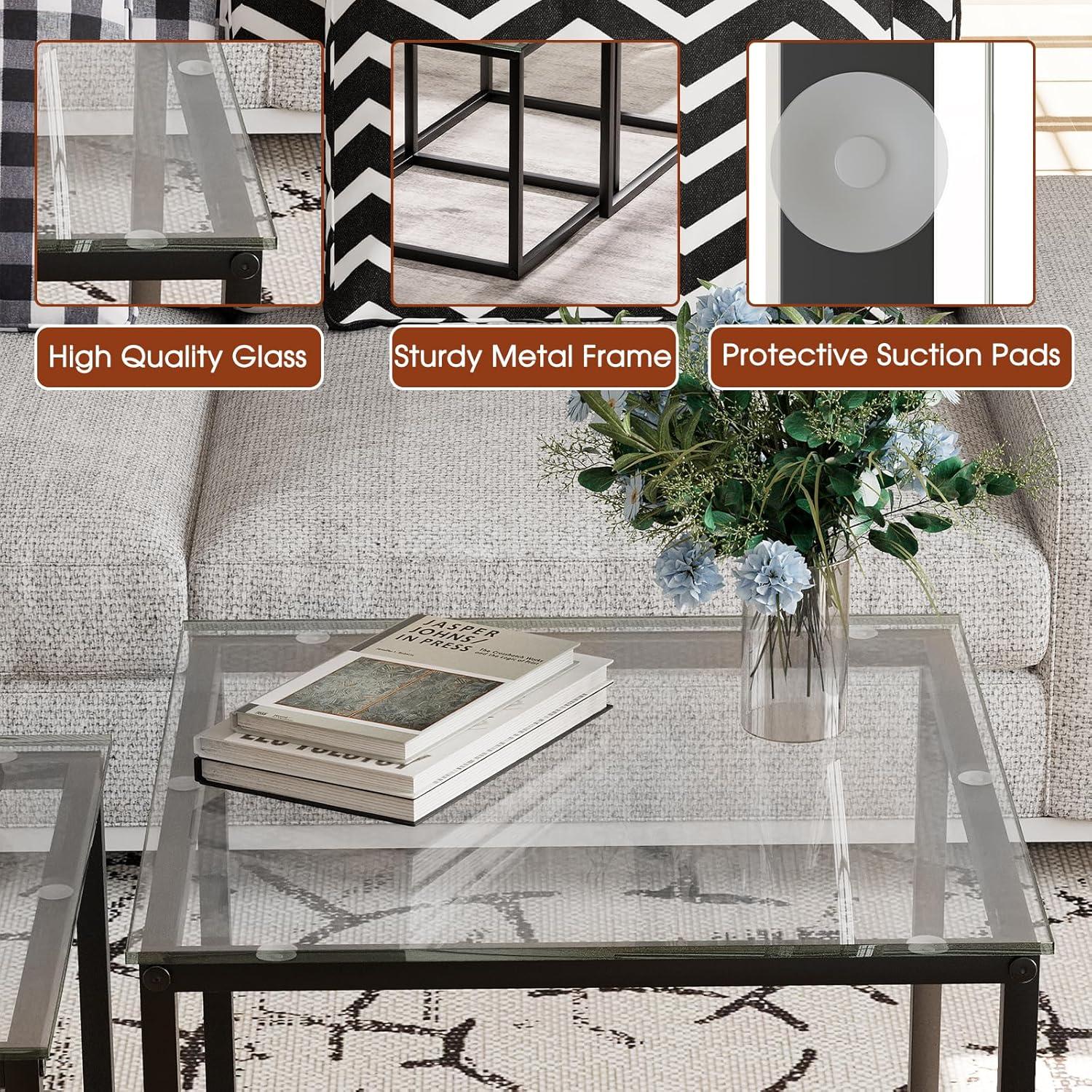 Coffee Table Set of 2, Modern Black Wooden Side Table, Metal Frame Square End Table, Center Tables,Nesting Coffee Table for Living Room,Bedroom and Small Spaces