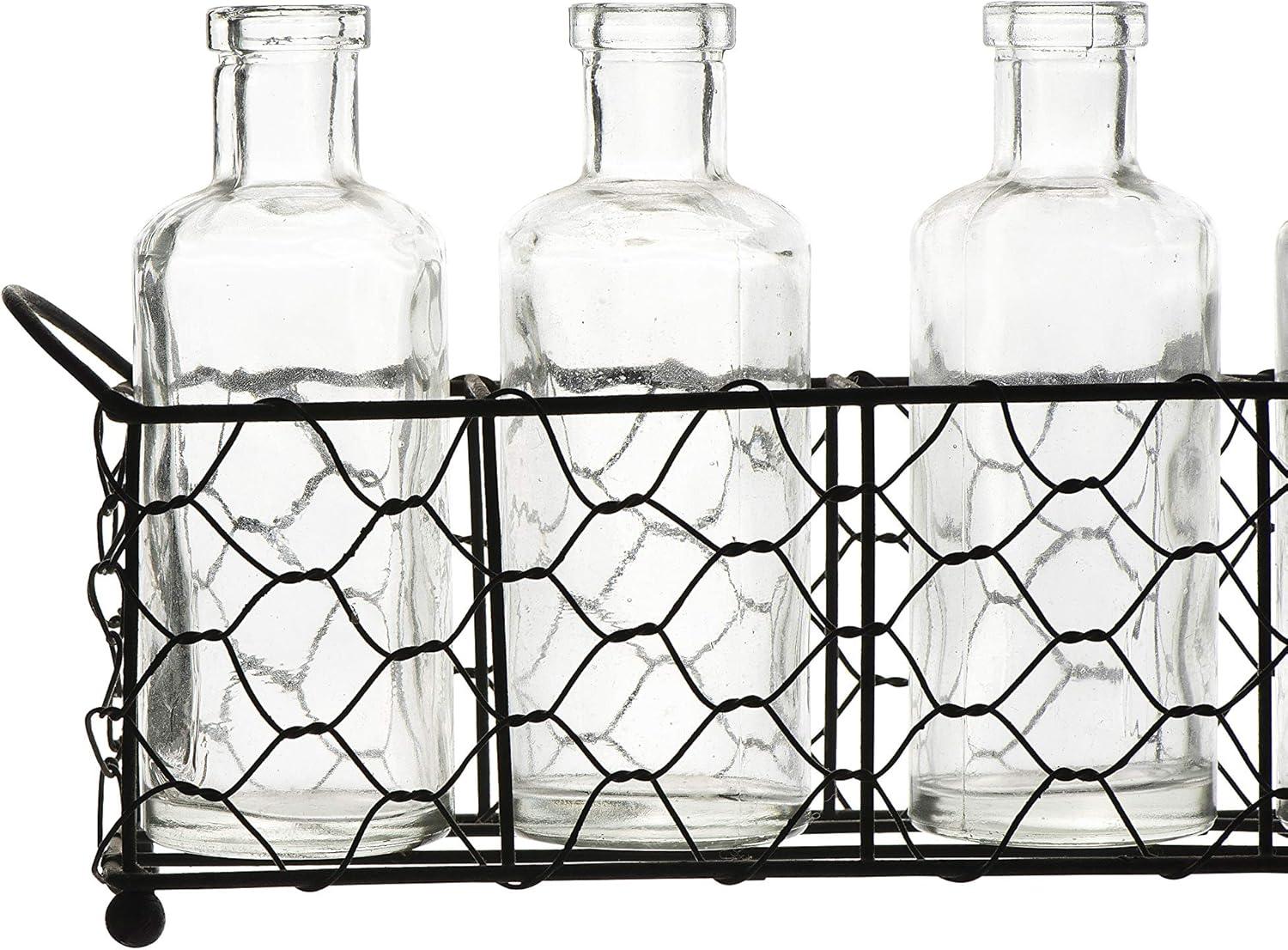 Creative Co-Op 5 Glass Vase Bottles on a Rectangle Metal Holder with Handles, Clear and Black, Set of 6