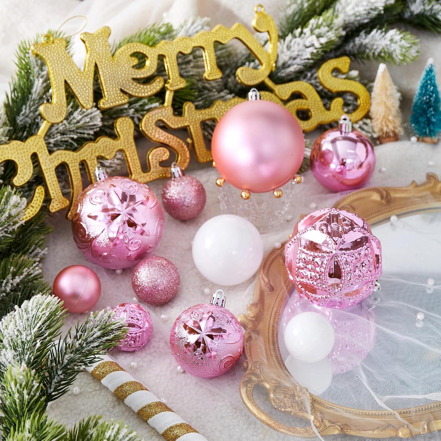 87-Pack Rose Gold and White Shatterproof Plastic Christmas Ornaments Set