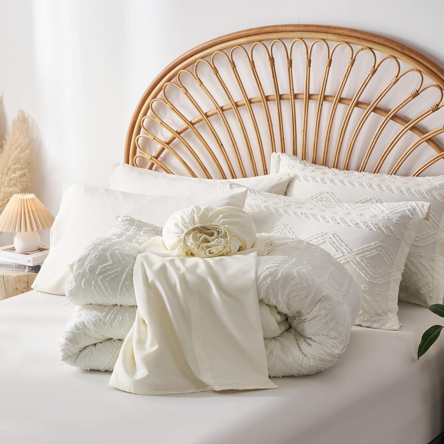 7 Pieces Queen Comforter Set, White Tufted Boho Shabby Chic Bed in a Bag Comforter and Sheet Set, All Season Soft Microfiber Complete Bedding Set (White, Queen)