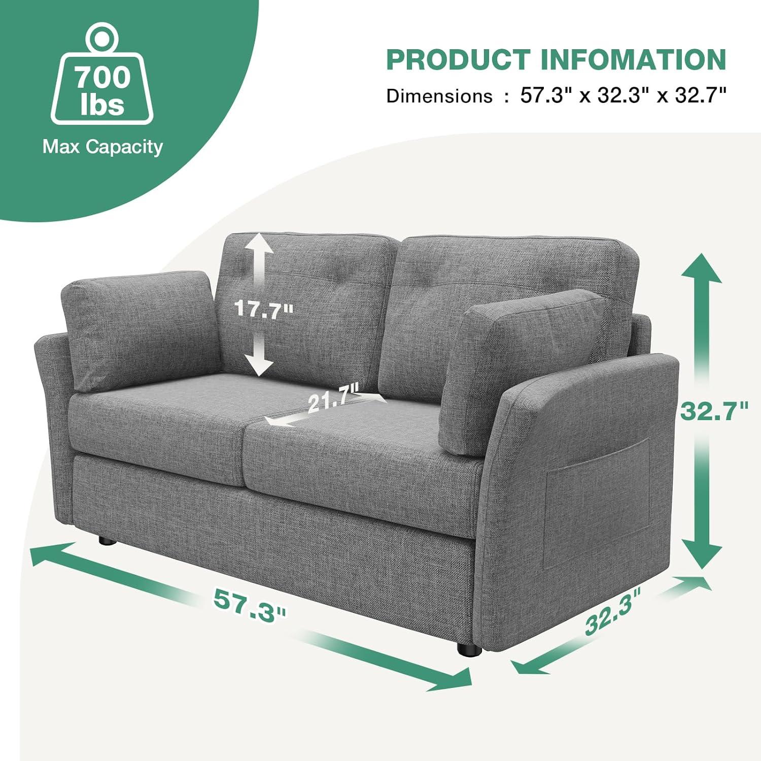 Novilla 57" Loveseat Sofa for Living Room, Linen Fabric Upholstered Small Couch With 2 Bolster Pillows for Apartment, Bedroom, Toolless Assembly, Grey