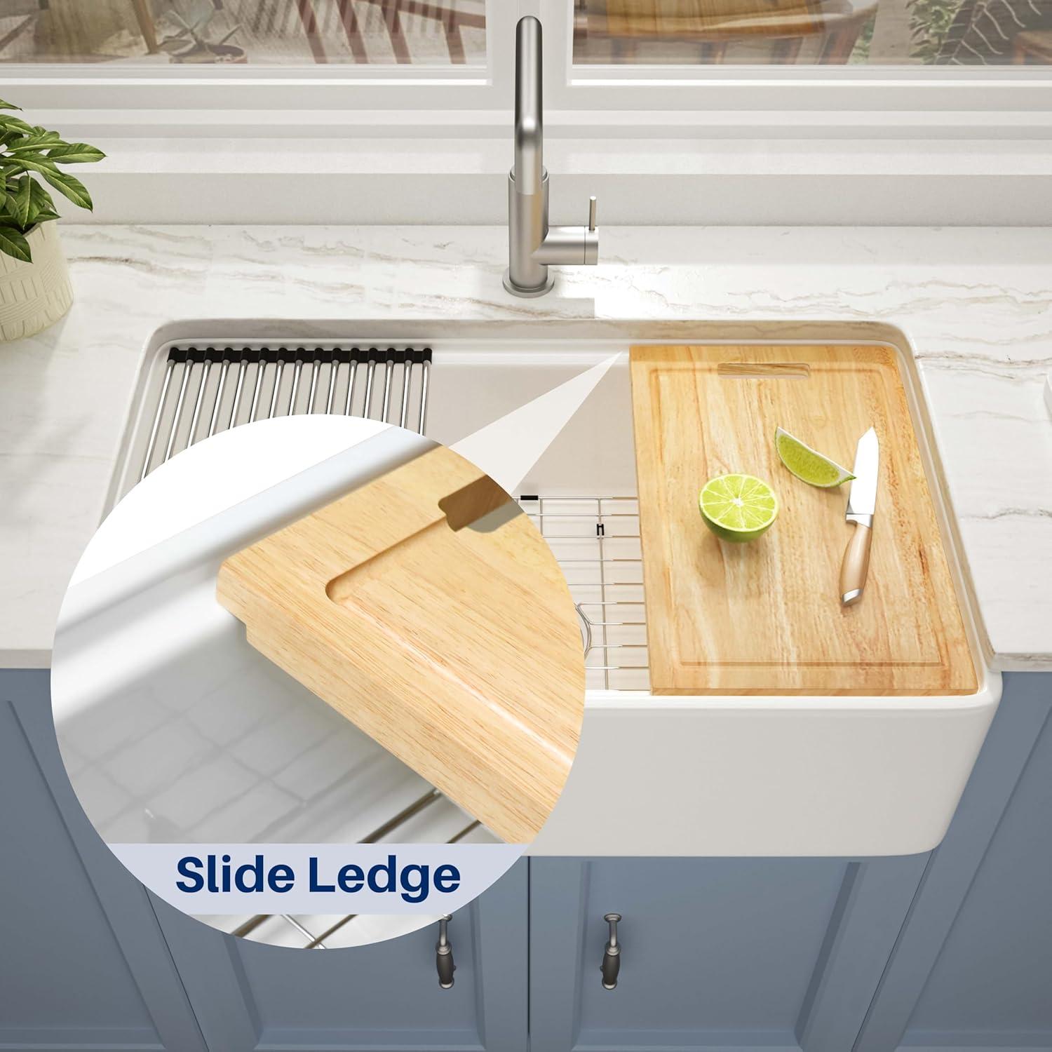 Pure 33 in. Workstation White Kitchen Sink Apron Front Fireclay Farmhouse Sink Single Bowl with Accessory Kit