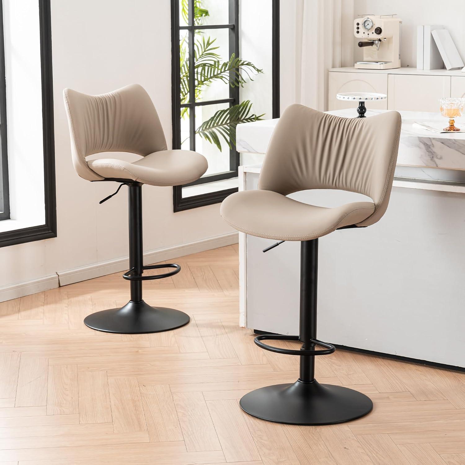 Khaki Adjustable Swivel Faux Leather Bar Stools with Metal Base