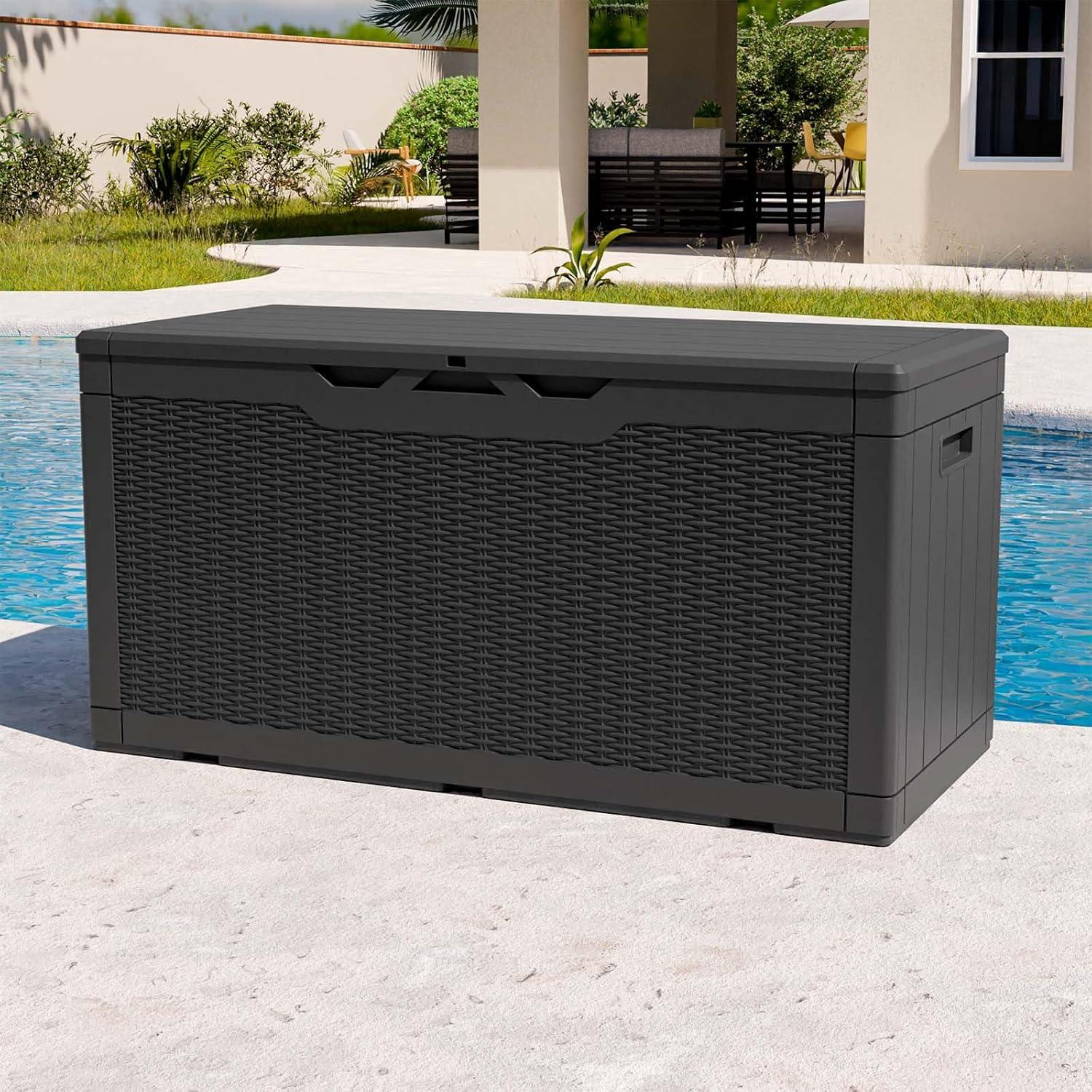 Black Polypropylene Wicker Lockable Deck Box, 100 Gallon