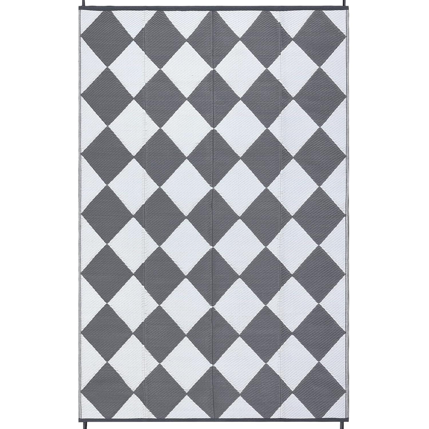 Garvee Waterproof Outdoor Rug 9'x12' Reversible Plastic Patio Rugs, Portable Modern Abstract Indoor Outdoor Carpet for Camping, Balcony, Deck, Backyard, Black & White, with Storage Bag