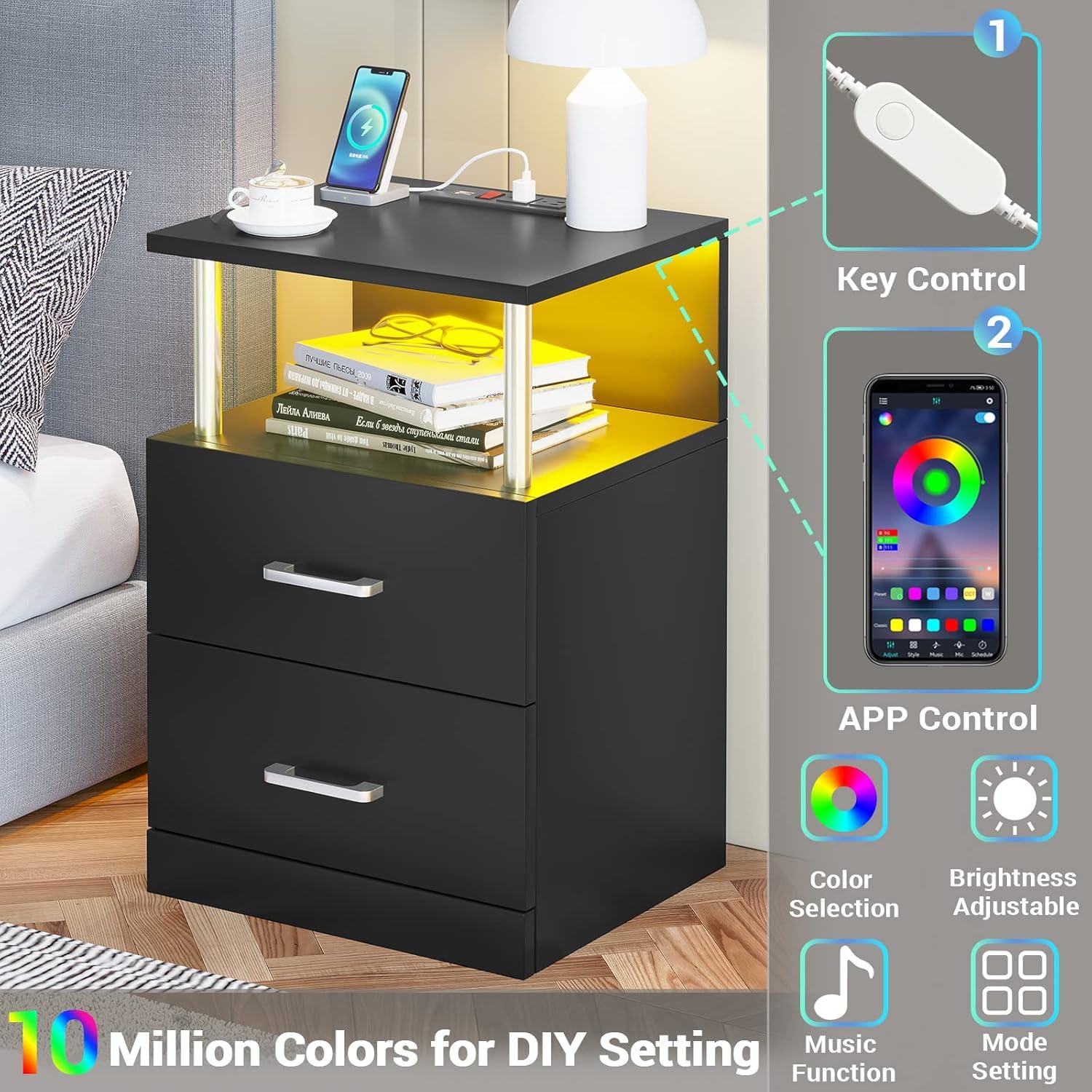 Black Nightstand with Charging Station and LED Lights for Bedroom, Bedside Table with 2 Drawers for Living Room, 2 USB Ports&2 Outlets