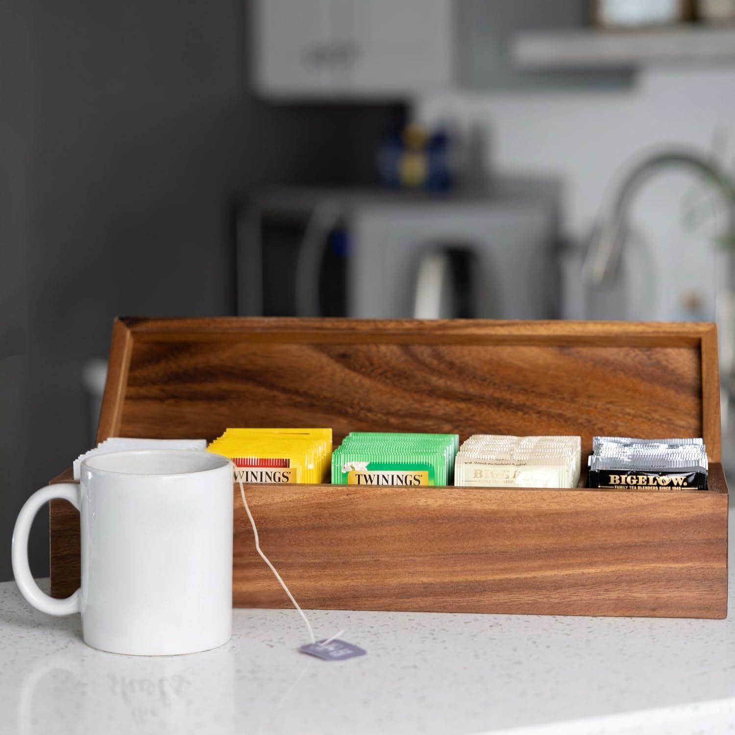 Large Acacia Wood Tea Box with 5 Compartments