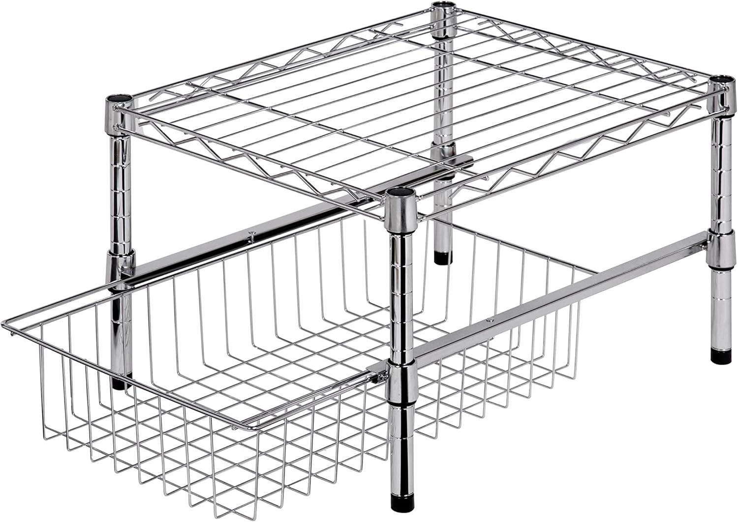 Expandable Chrome Stacking Cabinet Organizer with Pull-Out Basket