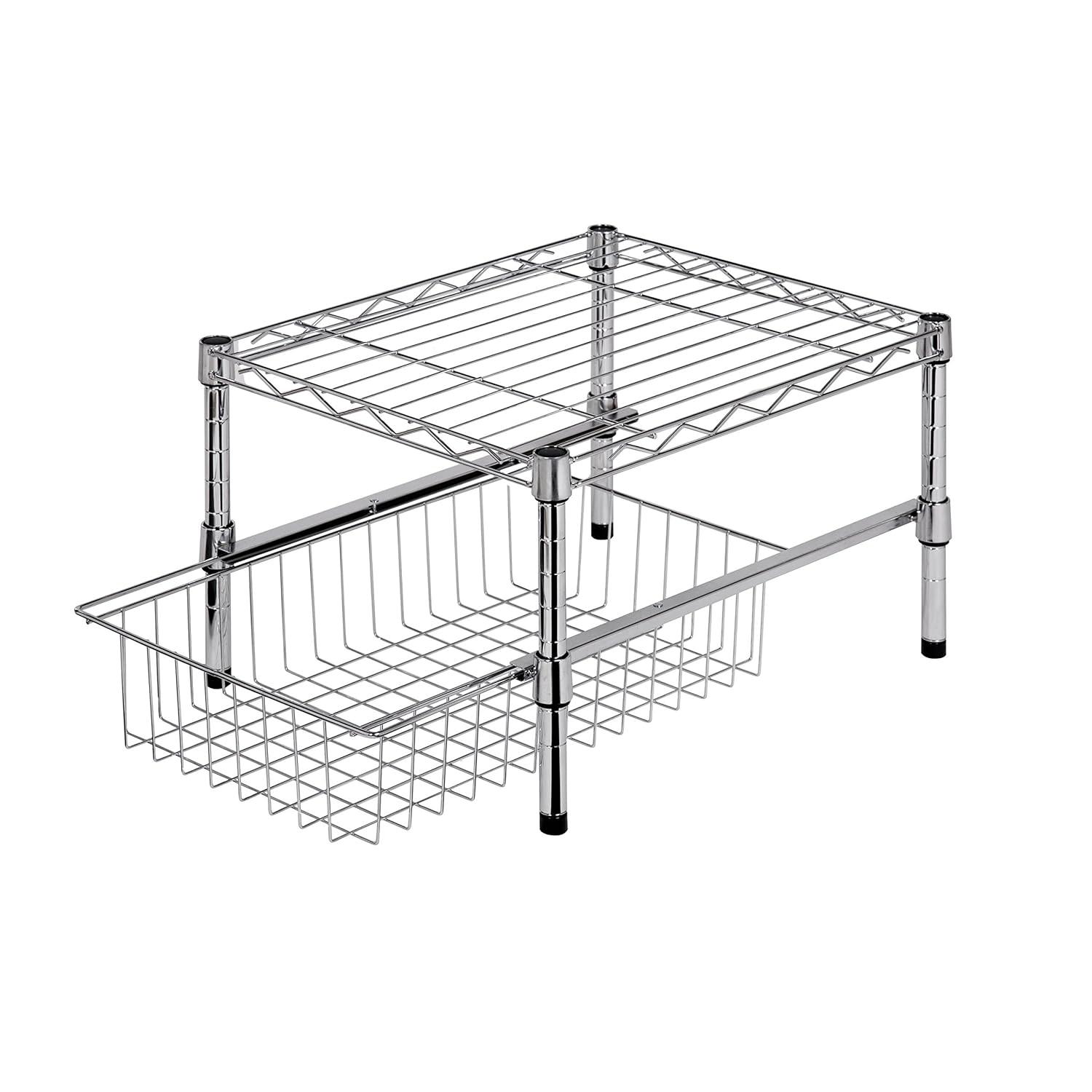 Honey-Can-Do Steel 2-Tier Stackable Adjustable Cabinet Organizer with Drawer, Chrome