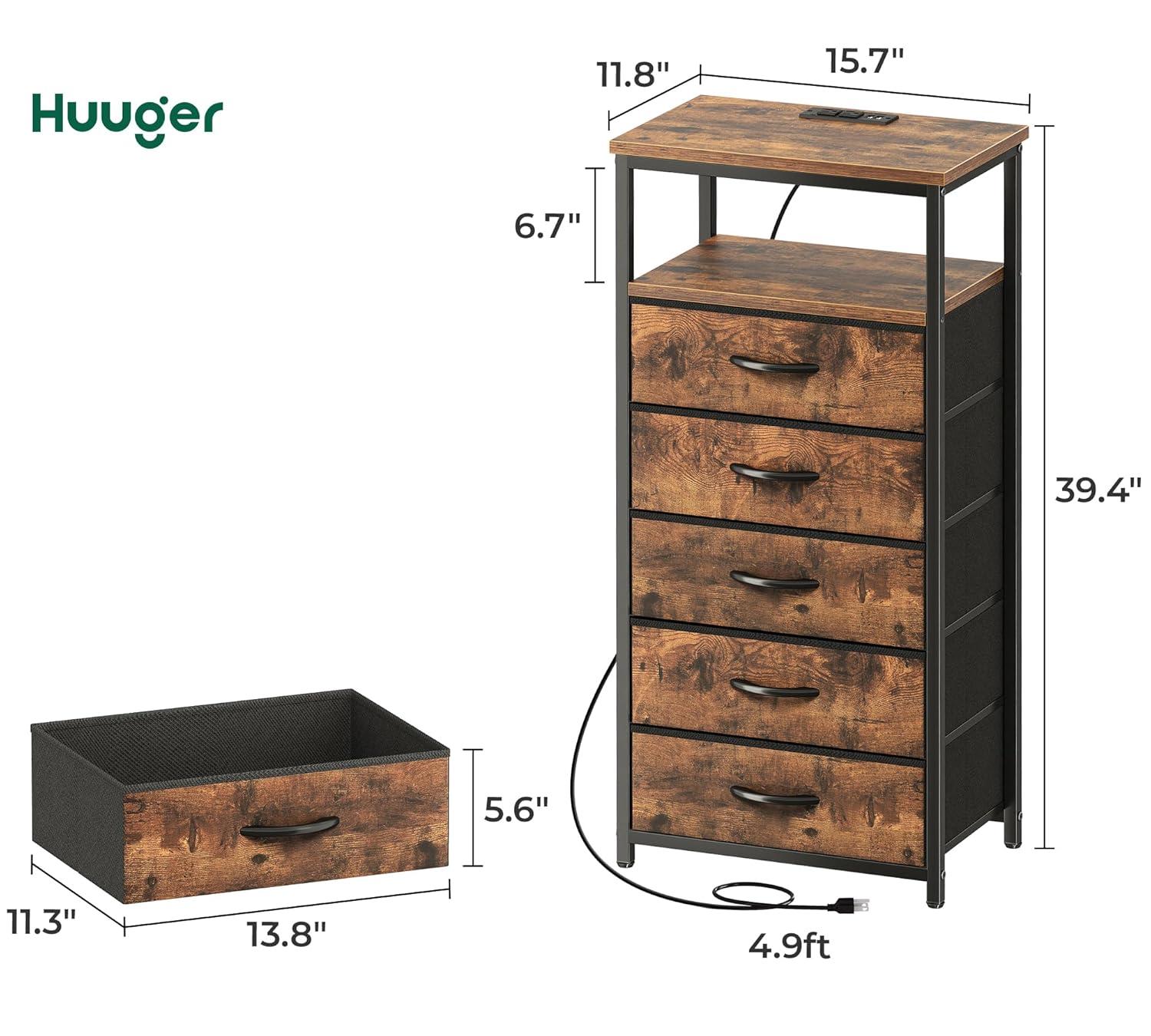 Huuger 5 Drawers Dresser with Charging Station, Dresser for Bedroom, Tall Night Stand, Chest of Drawers with Open Shelf, Bedside Table Nightstand, Fabric, for Entryway, Rustic Brown
