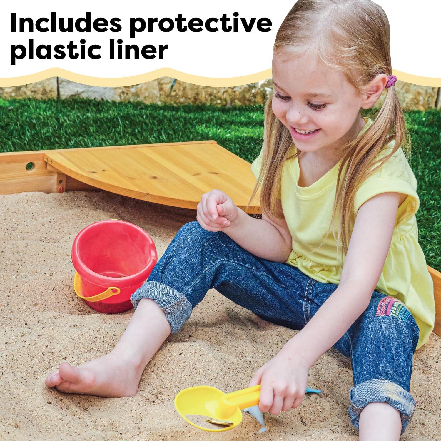 KidKraft Wooden Backyard Sandbox with Built-in Corner Seating and Mesh Cover, Honey