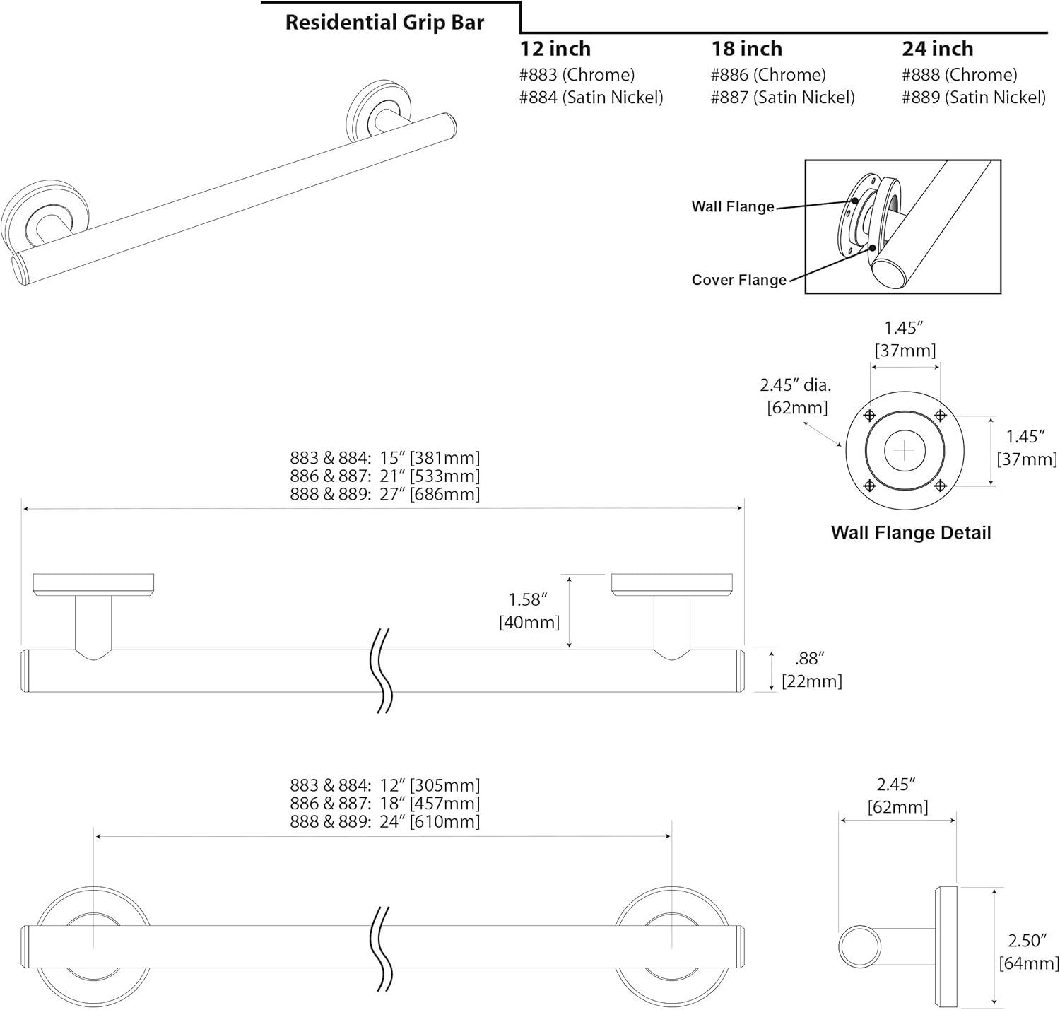 12-Inch Satin Nickel Wall Mounted Stainless Steel Grab Bar