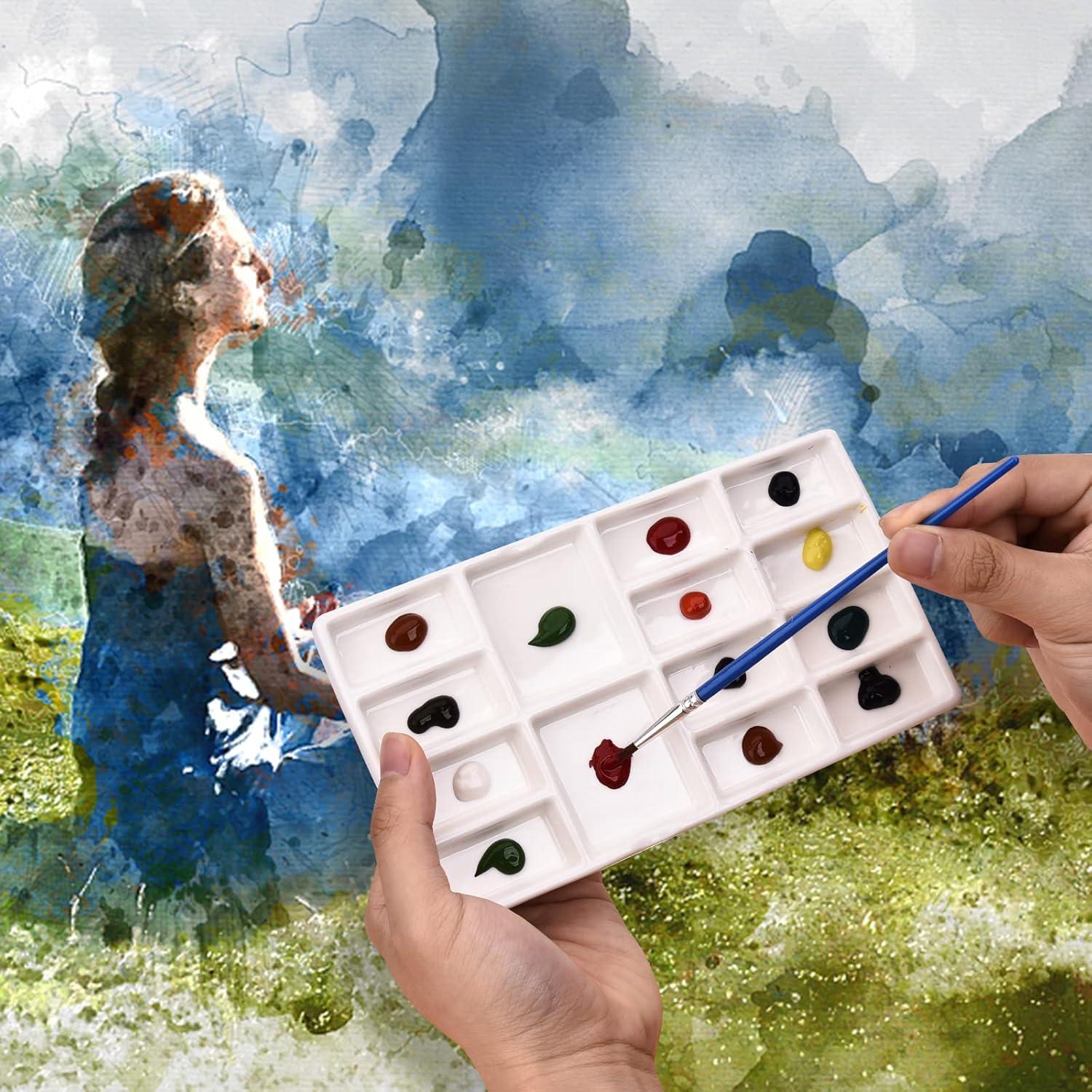 8 Inch 14 Wells Artist Ceramic Paint Palette, Rectangle Ceramic Watercolor Painting Mixing Tray for Watercolor Gouache Acrylic Oil Painting