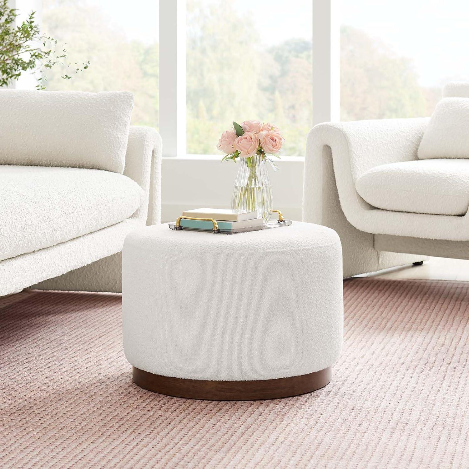 Tilden 23" Round Boucle Upholstered Ottoman with Walnut Base