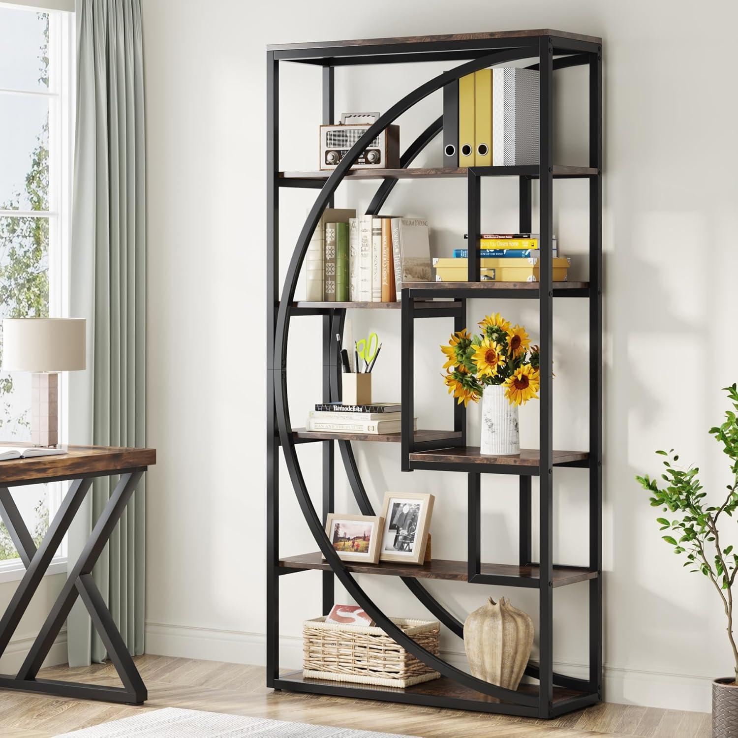 Industrial Rustic Brown 5-Tier Geometric Bookshelf with Black Metal Frame