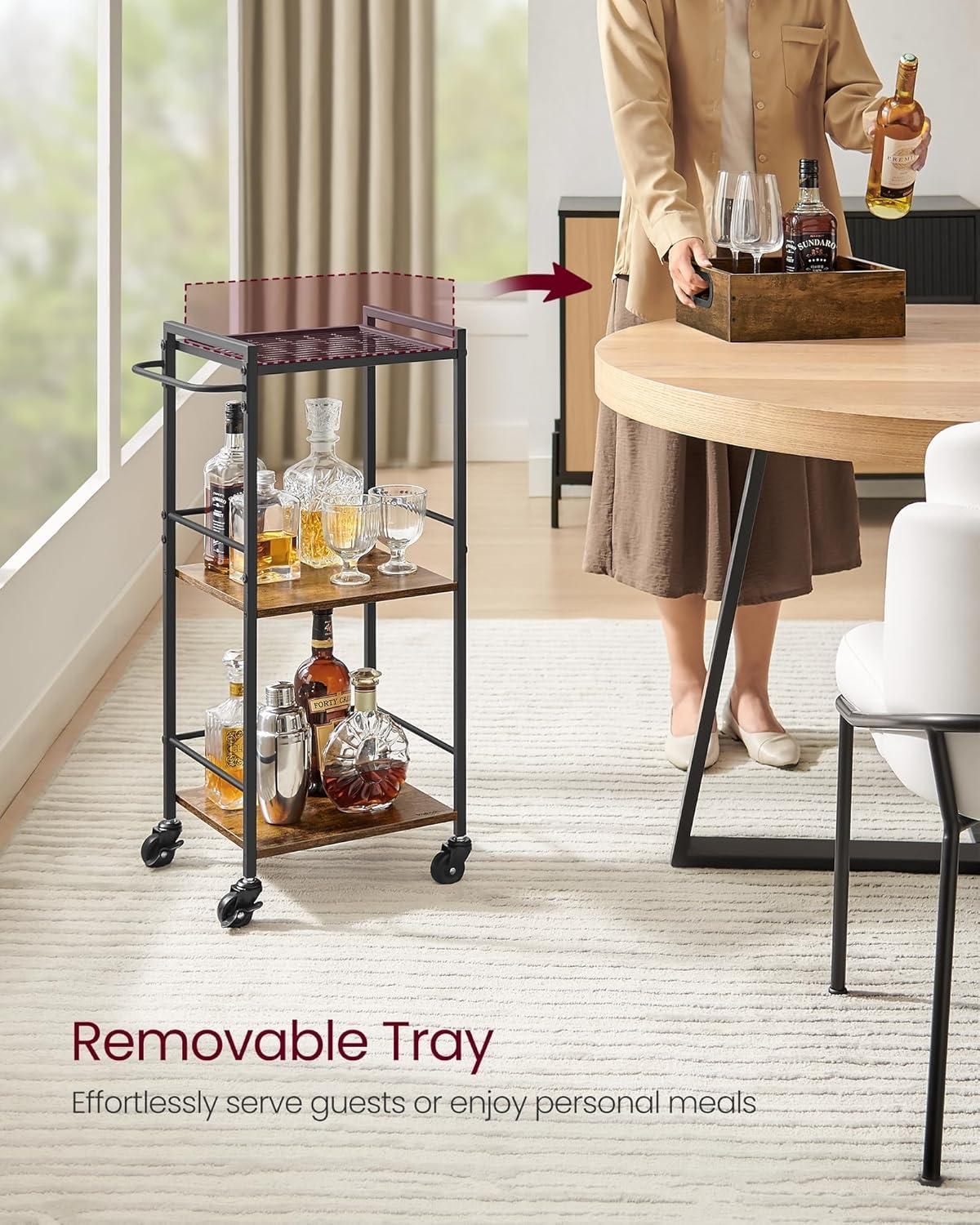 VASAGLE Kitchen Serving Cart with Removable Tray, 3-Tier Kitchen Utility Cart on Wheels with Storage, with Brakes, Rustic Brown and Black