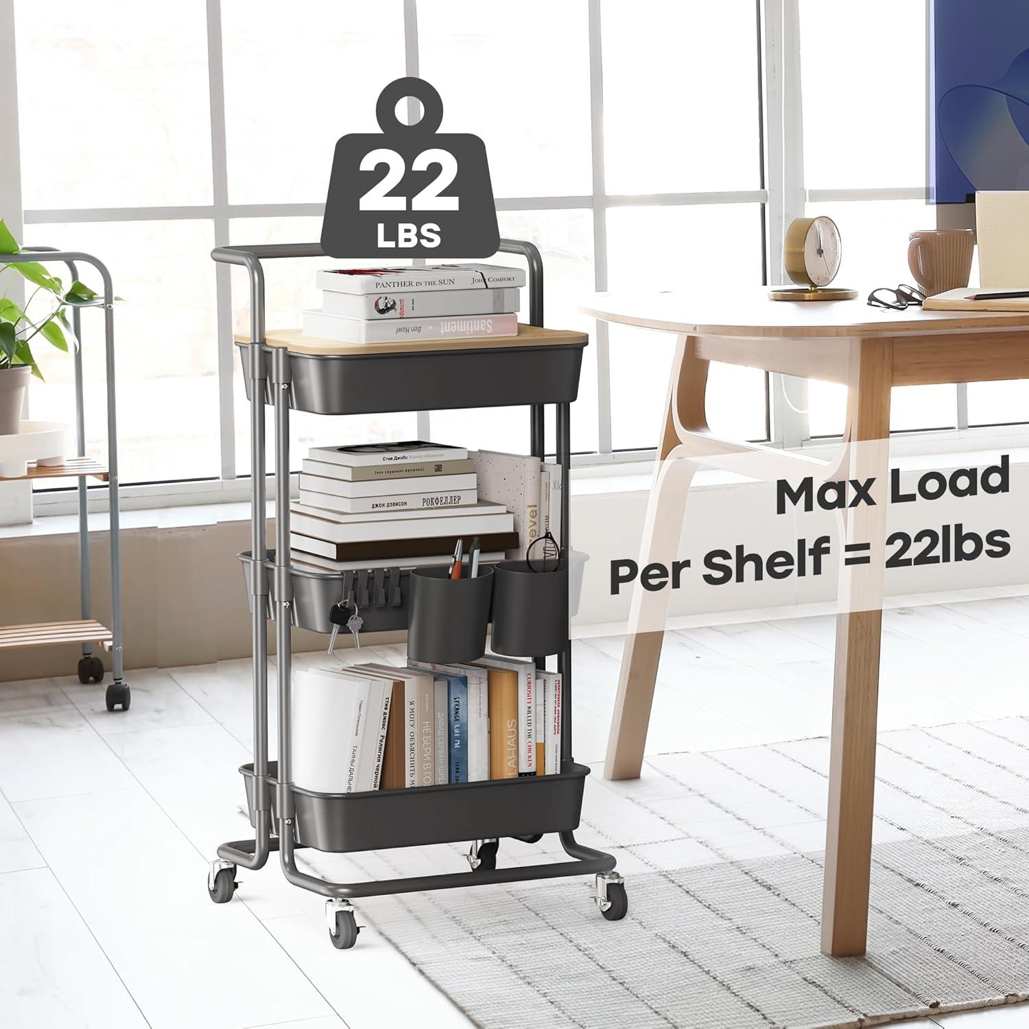 Black 3-Tier Rolling Utility Cart with Wood Cover