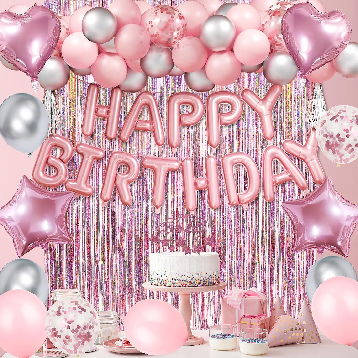 Pink and Silver Birthday Party Decoration Set with Balloons and Banner