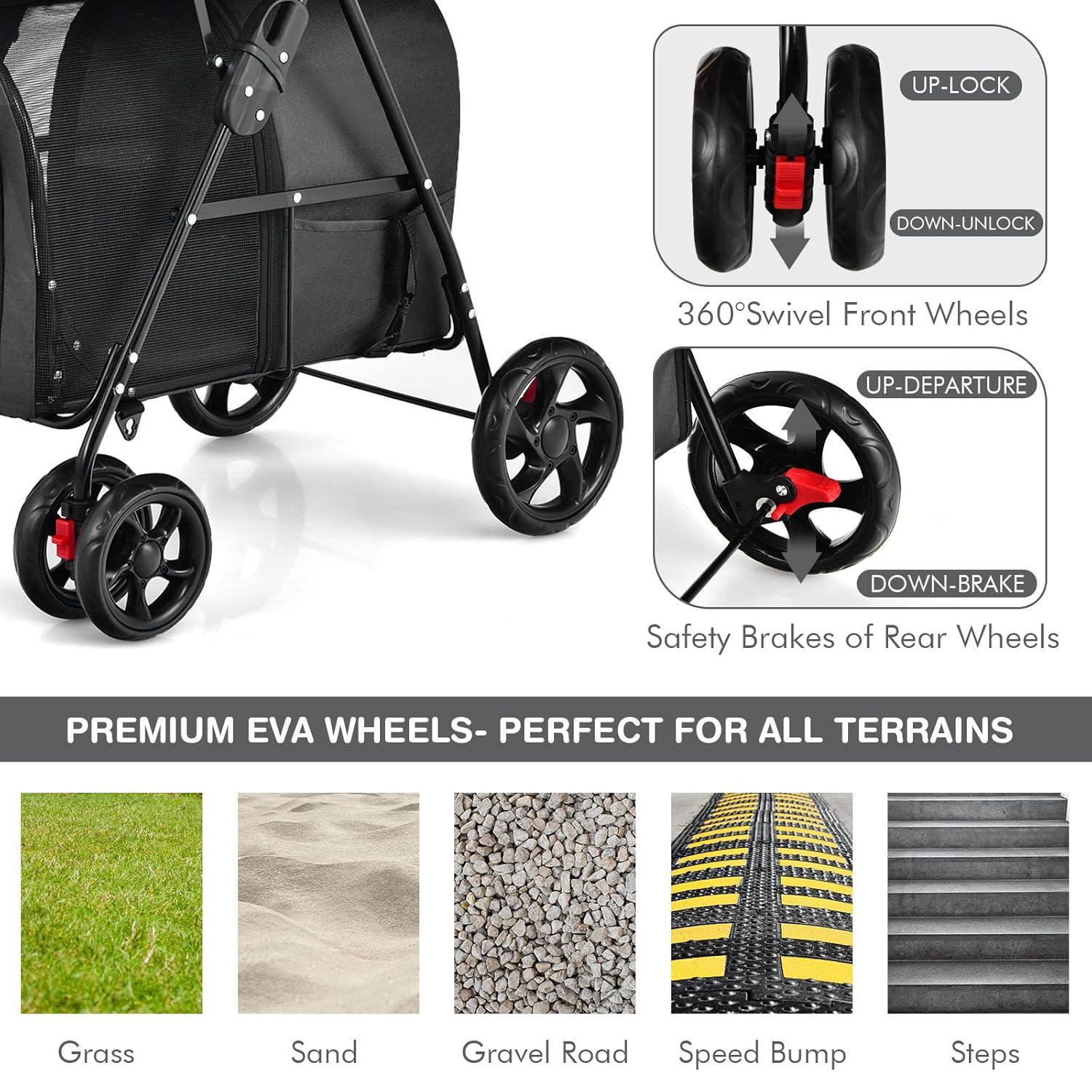 Tangkula Double Pet Stroller with 2 Detachable Carrier Bags Safety Belt 4 Lockable Wheels Cat Stroller Travel Carrier Strolling Cart Folding Black