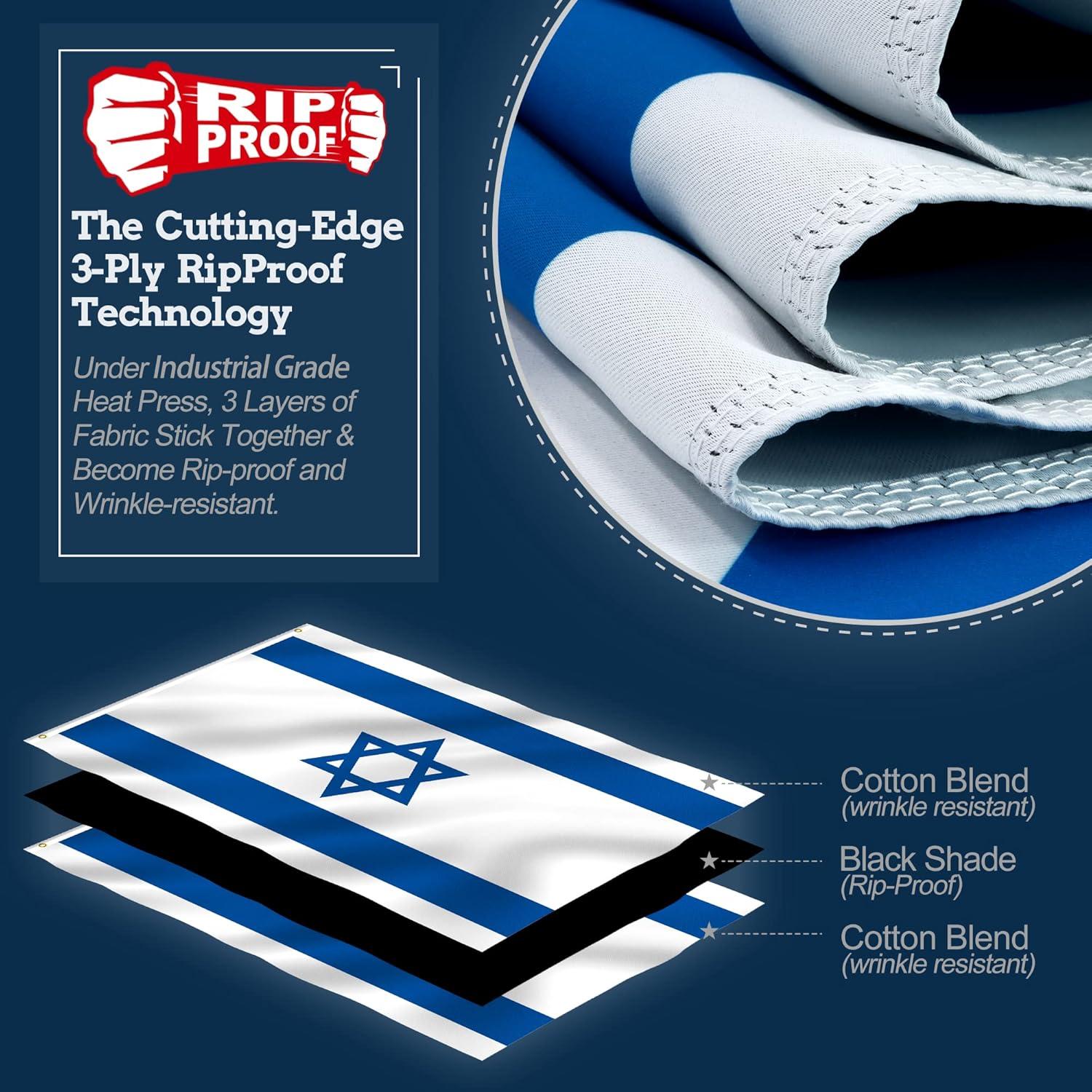 Anley Rip-Proof Double Sided 3-Ply Israel Flag 3x5 Foot - The Strongest, Longest Lasting Israeli National Flags