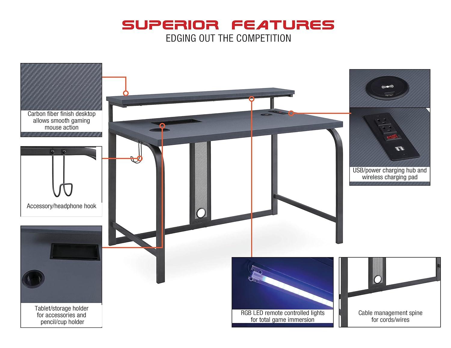 OSP Home Furnishings Reload 48-Inch Gaming Desk in Gray Steel Metal