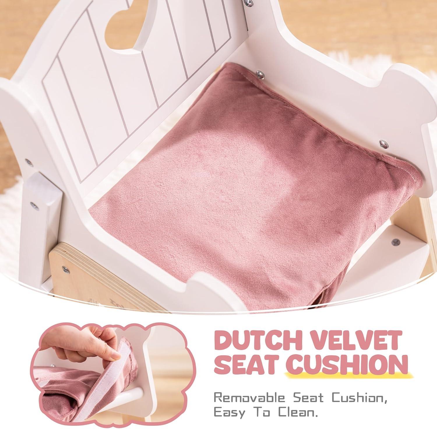 Robud Play High Chair, Pretend Play High Chair with Cushion, Movable Table, Wooden Baby Doll Accessories, Fits 18-20 Inch Dolls, White