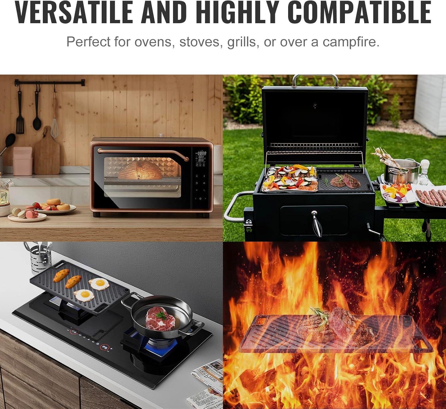 VEVOR Reversible Grill/Griddle, 14x8.5 inch Pre-Seasoned Cast Iron Griddle, Portable Rectangular Pan with Handle, Family Cookware for Indoor/Outdoor Stove Top Burner, Gas, Camping BBQ, Black