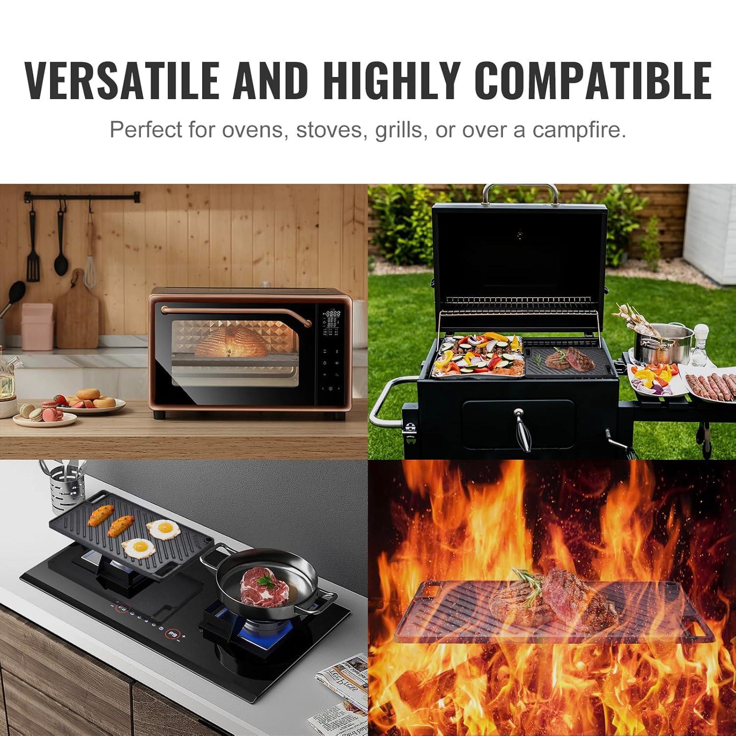 VEVOR Reversible Grill/Griddle, 14x8.5 inch Pre-Seasoned Cast Iron Griddle, Portable Rectangular Pan with Handle, Family Cookware for Indoor/Outdoor Stove Top Burner, Gas, Camping BBQ, Black