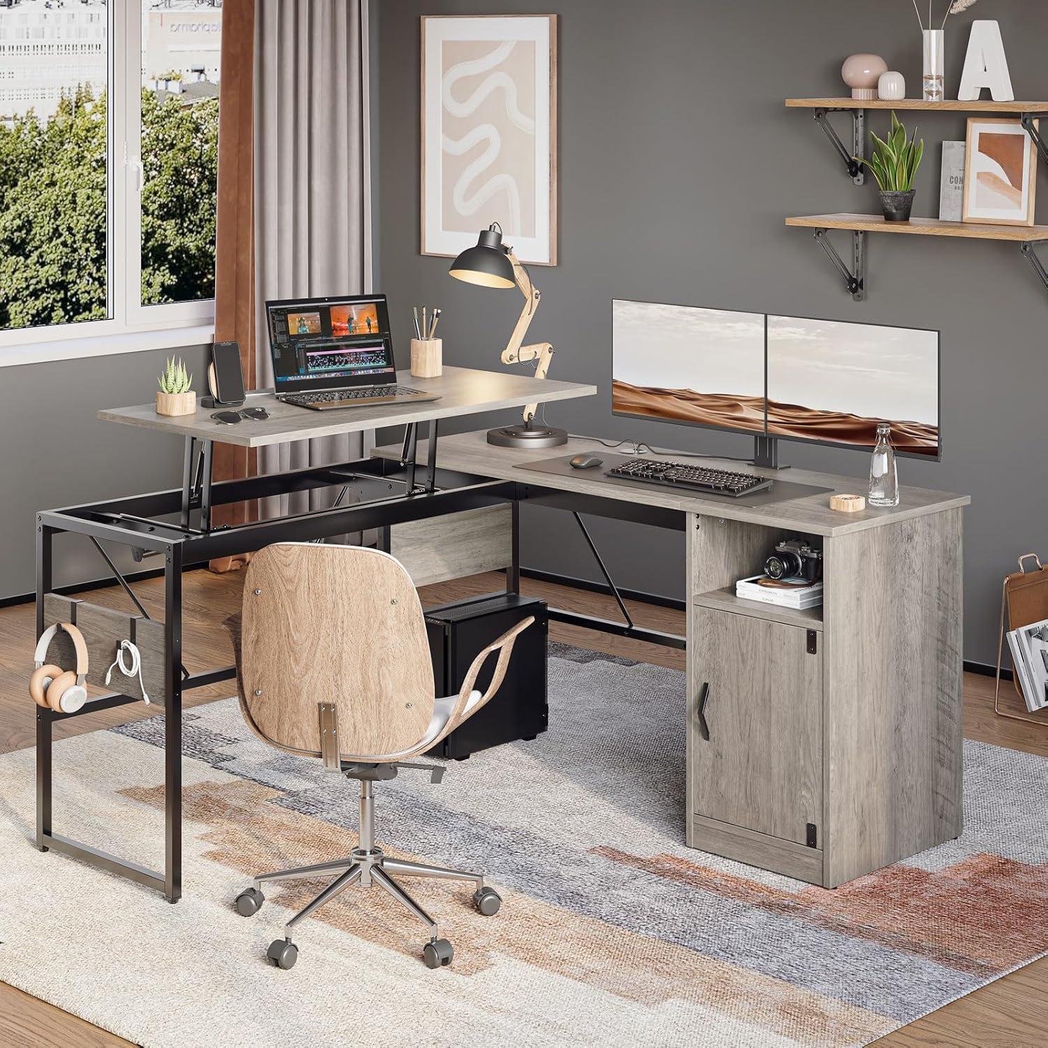 Bestier Reversible 60 inches L Shaped Computer Desk with Storage Cabinet Long Desk for 2 Person Wash Grey
