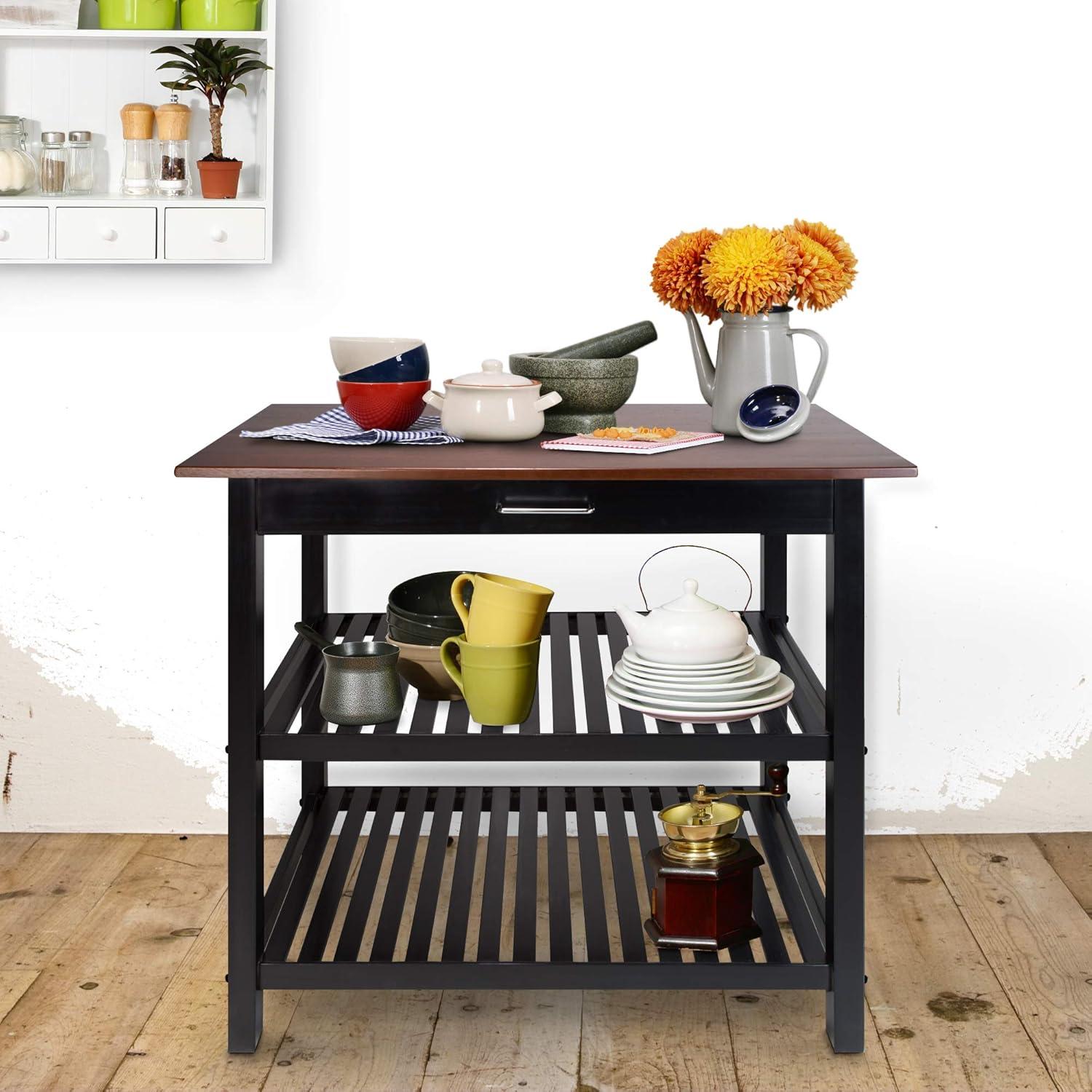 Walnut and Black Solid Wood Kitchen Island with Shelves