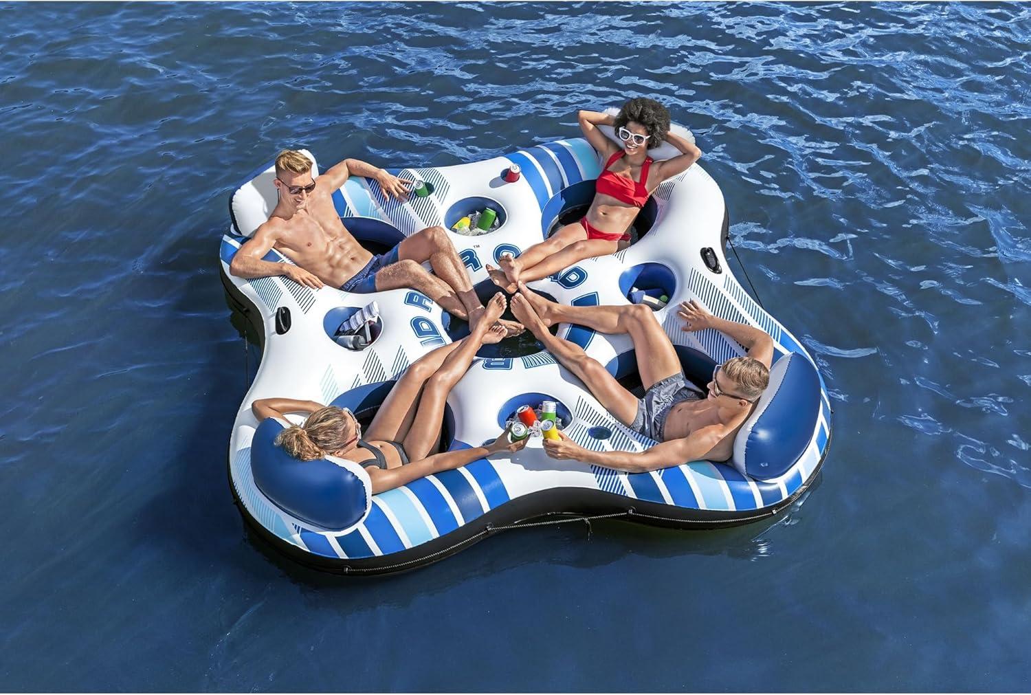 Hydro-Force Rapid Durable Rider Quad 4 Person River Tube with Built In Coolers, Cup Holders and Heavy Duty Handles, Multicolor